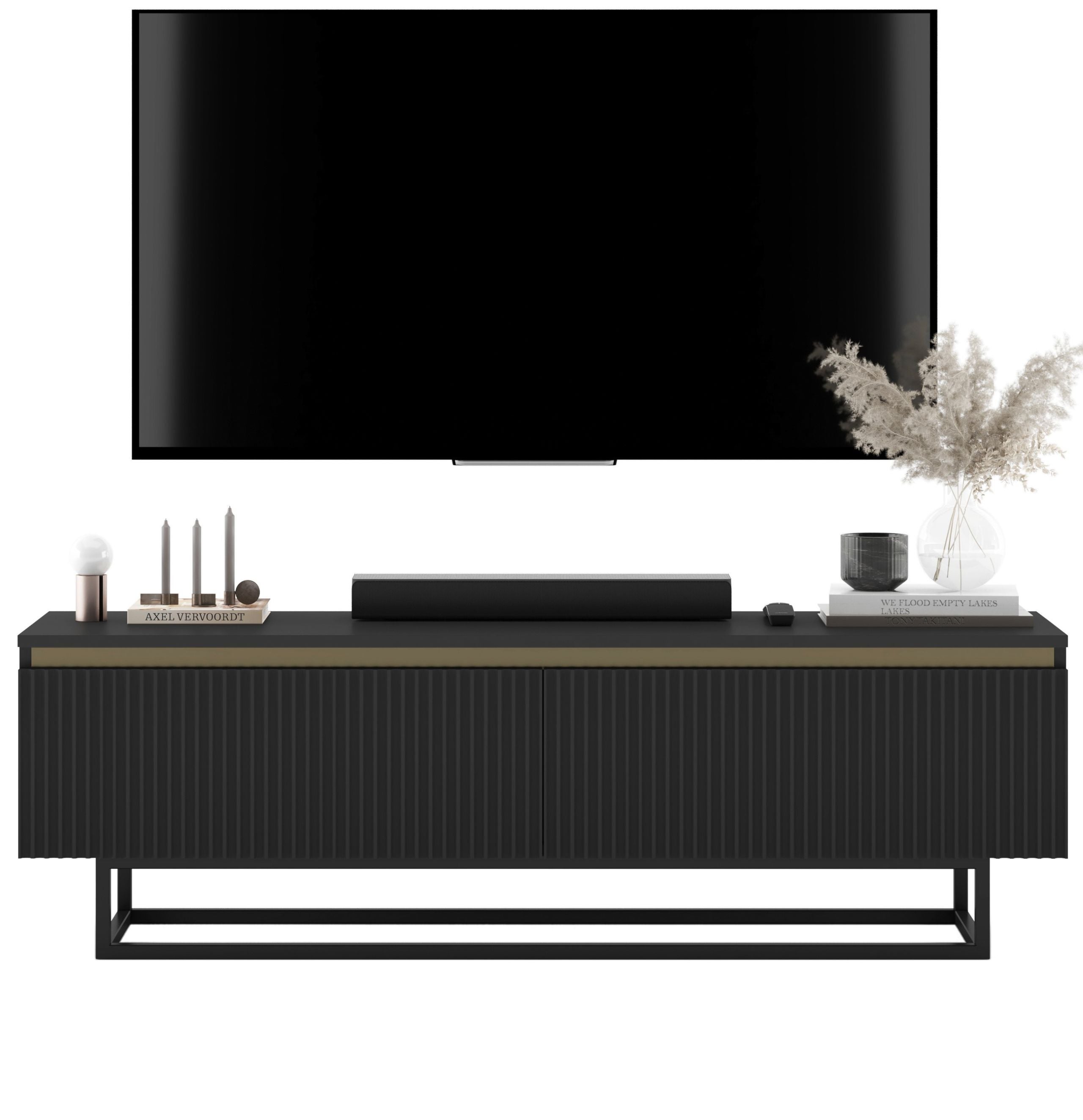 Szafka RTV Glamour 140 cm czarny mat, czarny metalowy stelaż, nowoczesna komoda RTV do salonu