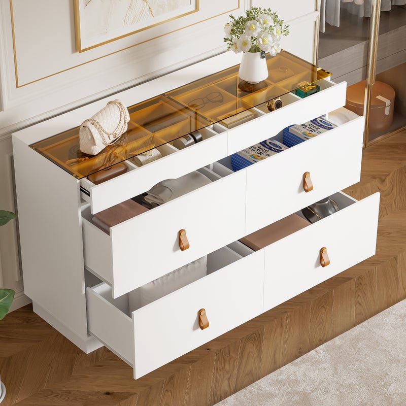 Toaletka z 6 szufladami i przegródkami - 120 x 40 x 78 cm - Płyta wiórowa i szklany blat - Biała