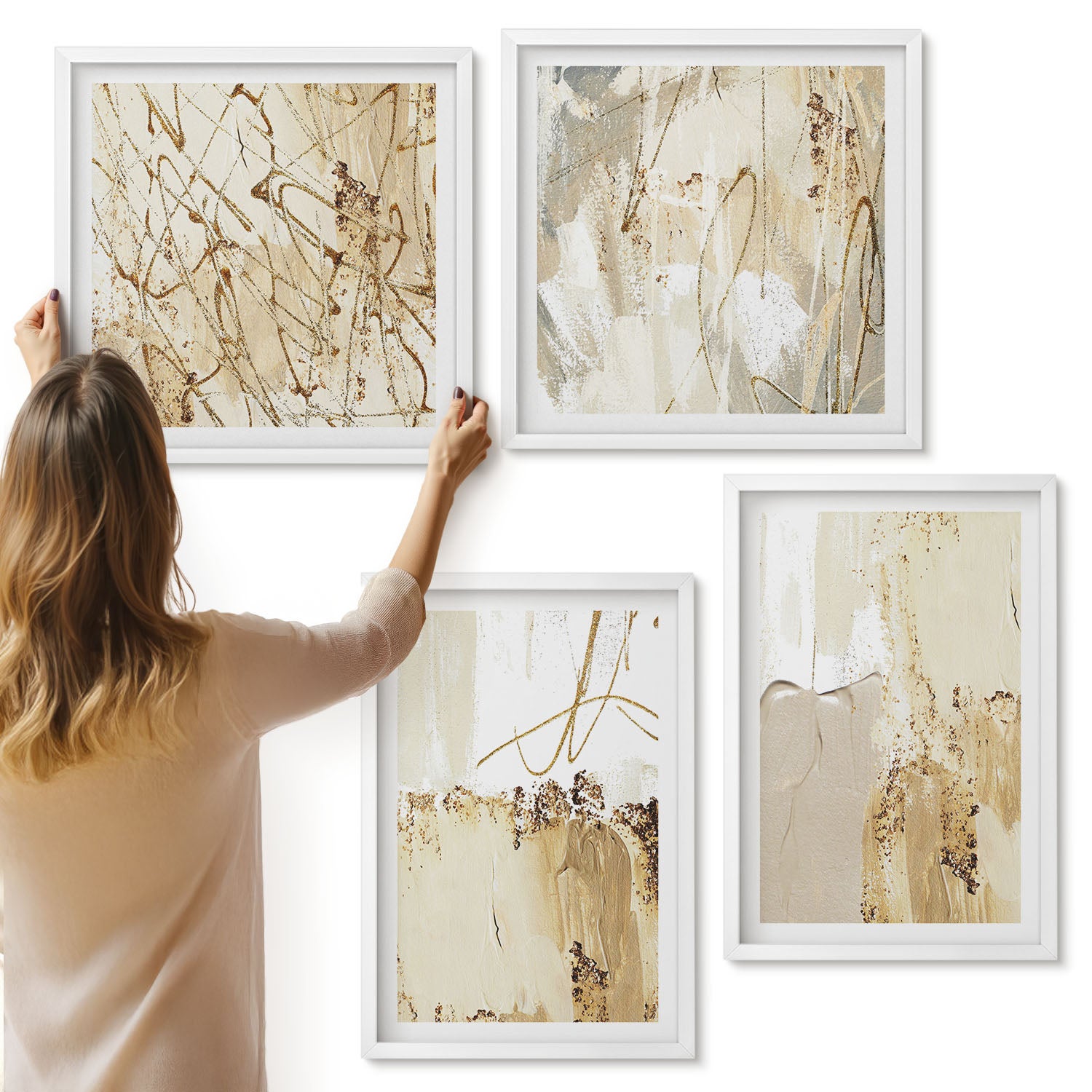 Galeria ścienna 4-częściowy komplet obrazów w białych ramach - Abstrakcyjne wzory w odcieniach beżu i bieli - ArtPrintCave