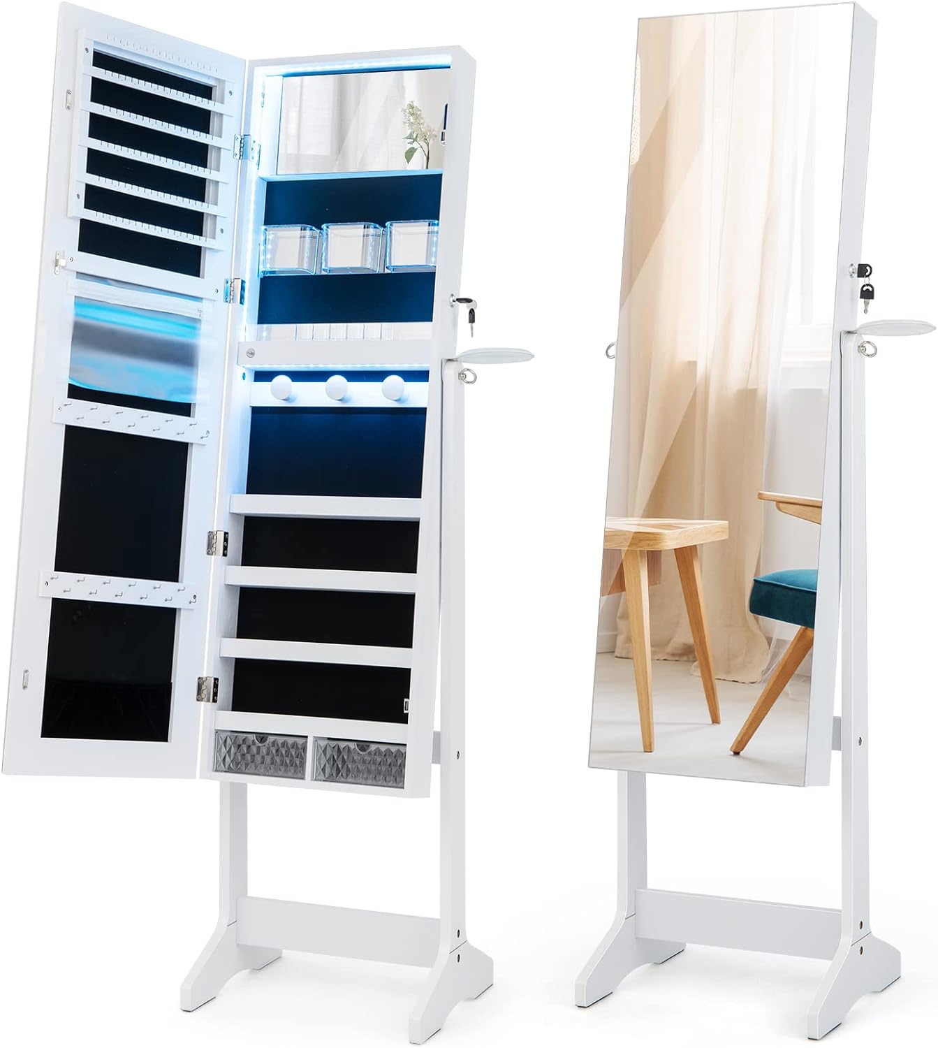 Szafka na biżuterię na nóżkach z lustrem i 3-kolorowym oświetleniem LED / zamykana szafka na biżuterię, 41 x 37 x 120 cm