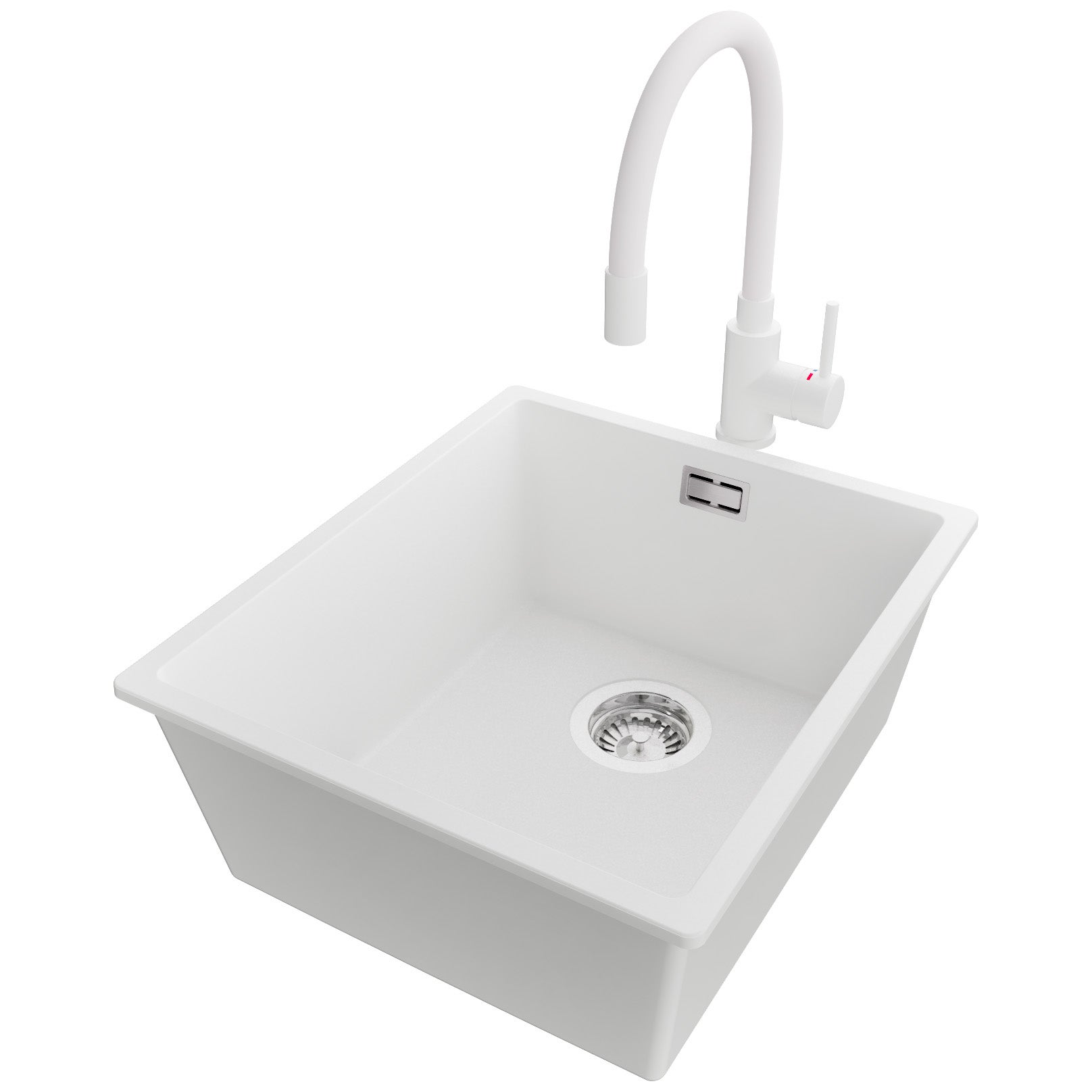 Zlewozmywak Granitowy Biały 41x47cm, Zlew Kuchenny 1 Komorowy + Bateria 38x14cm + Syfon, Nablatowy do szafki od 45cm - Londyn Slim PRIMAGRAN