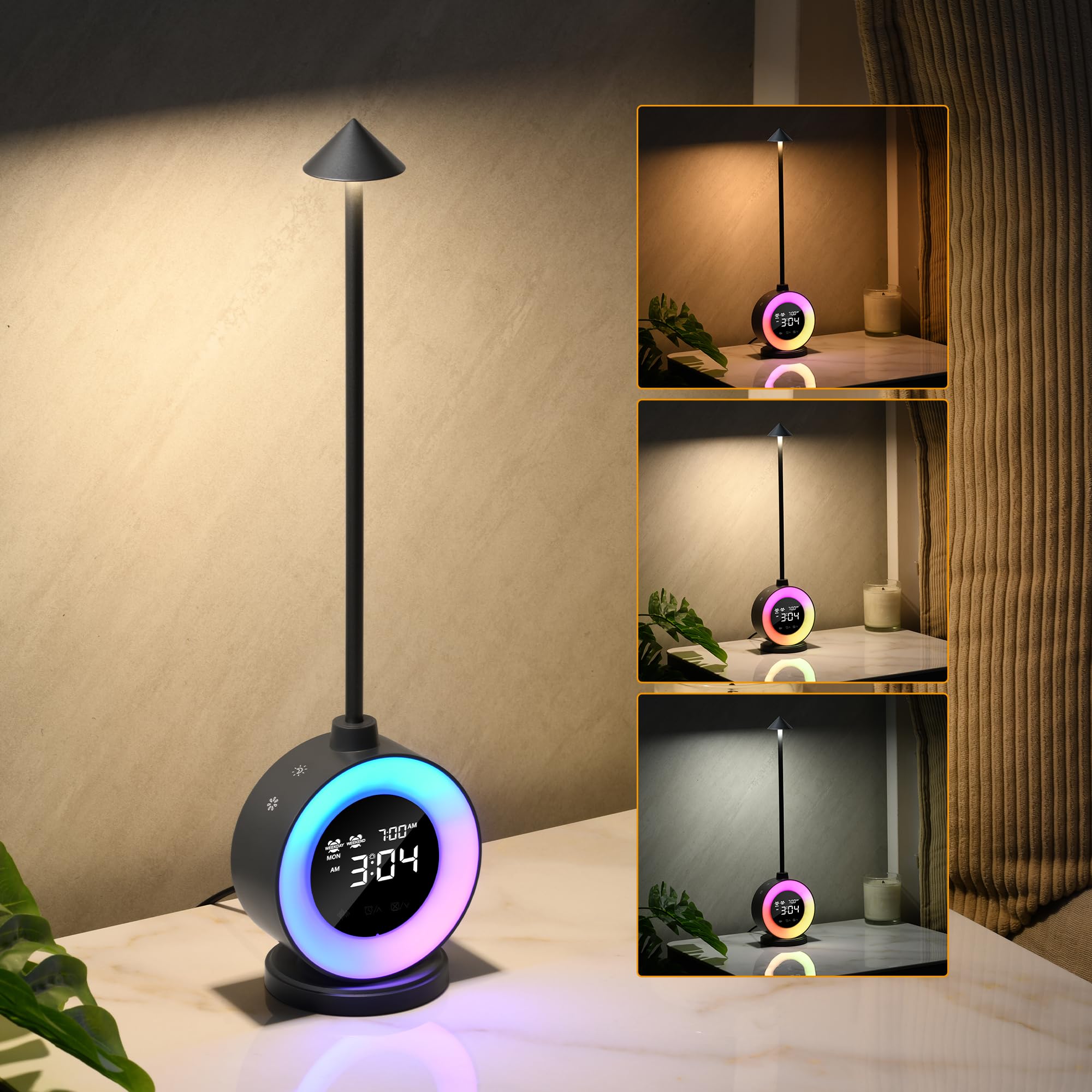 Lampka nocna, lampka dotykowa 3CCT z 3 trybami RGB i 3 poziomami jasności, podwójny budzik symulujący wschód słońca, lampka nocna do sypialni