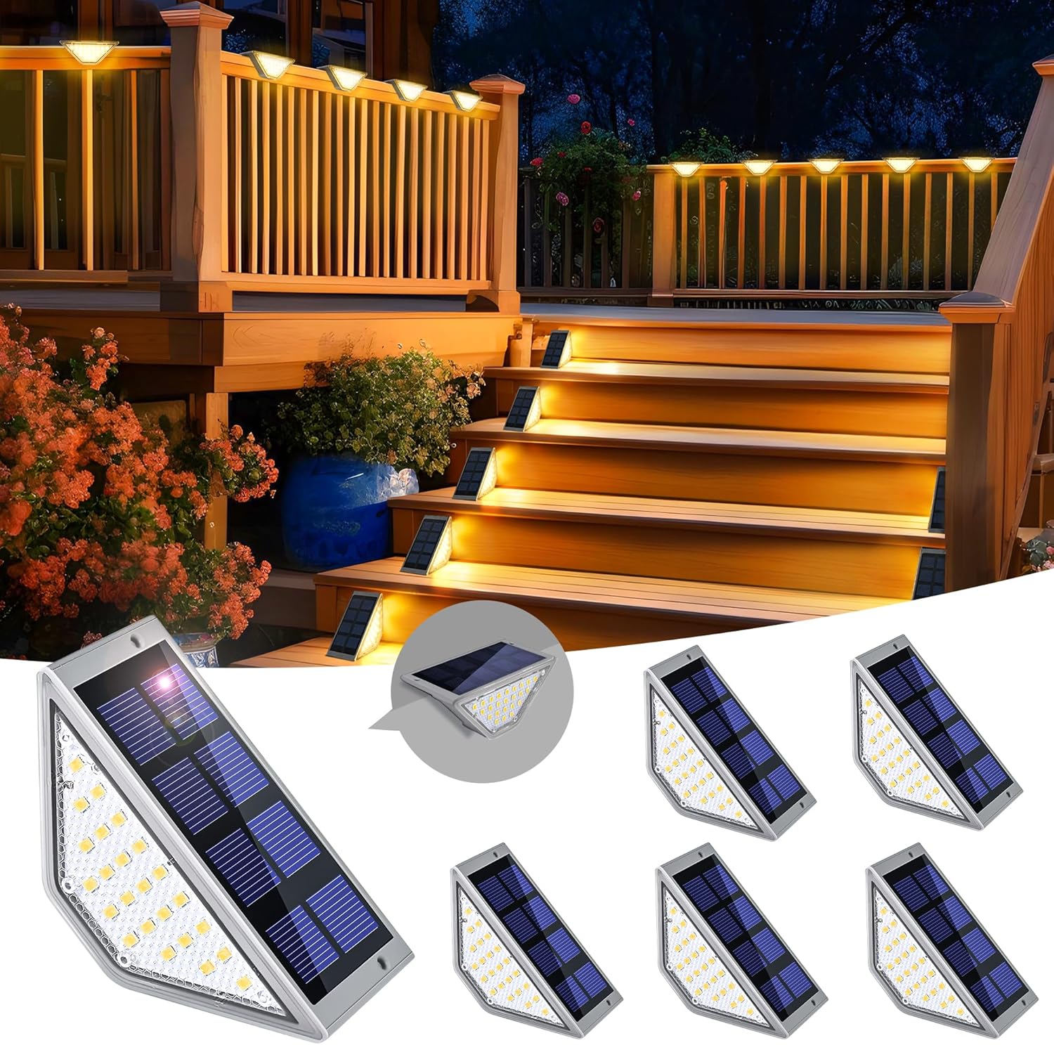 Zestaw 6 wodoodpornych lamp solarnych do użytku na zewnątrz, na schodach, patio, ganku, tarasie, ogrodzeniu, w ogrodzie, na podwórku (ciepłe białe, sz