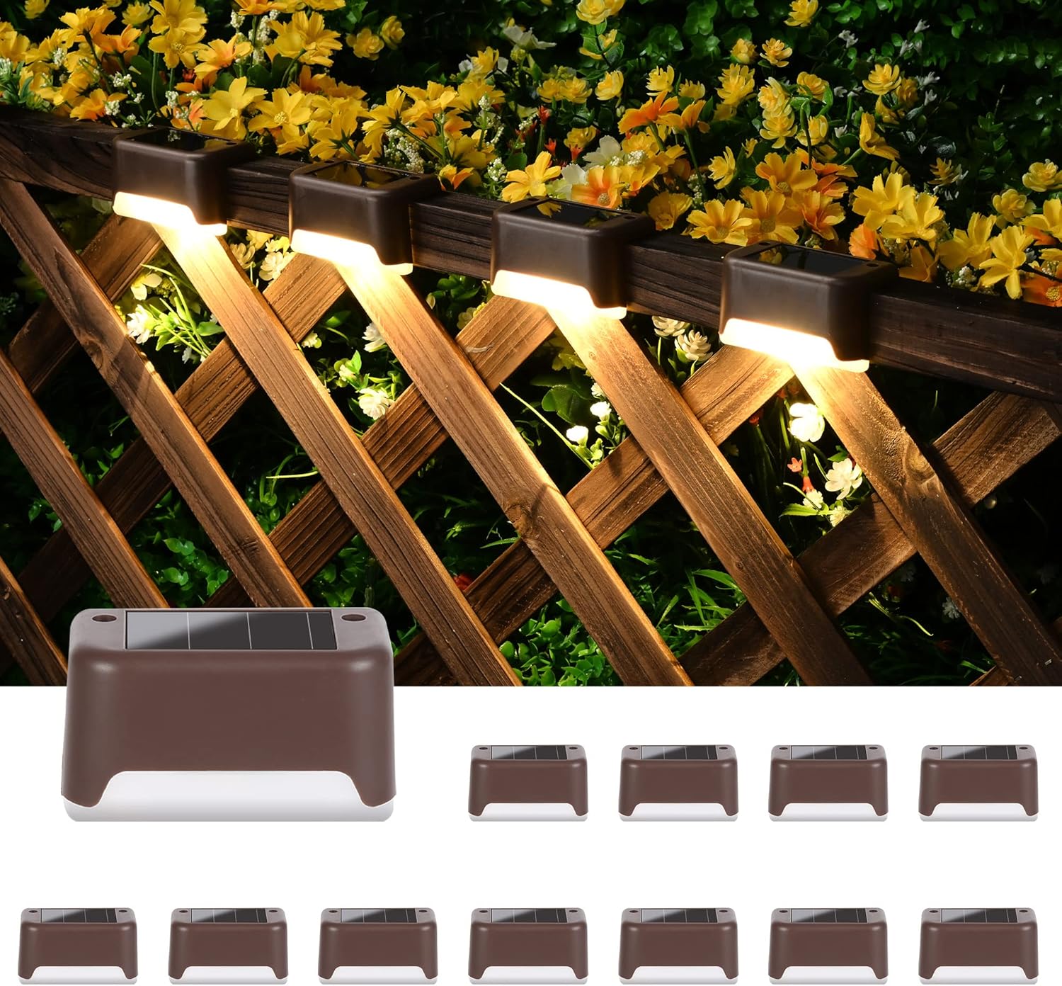 Lampy solarne zewnętrzne, zestaw 12 lamp solarnych na schody, płot, podwórko, patio, ścieżkę, dekorację (brązowe, ciepła biel)