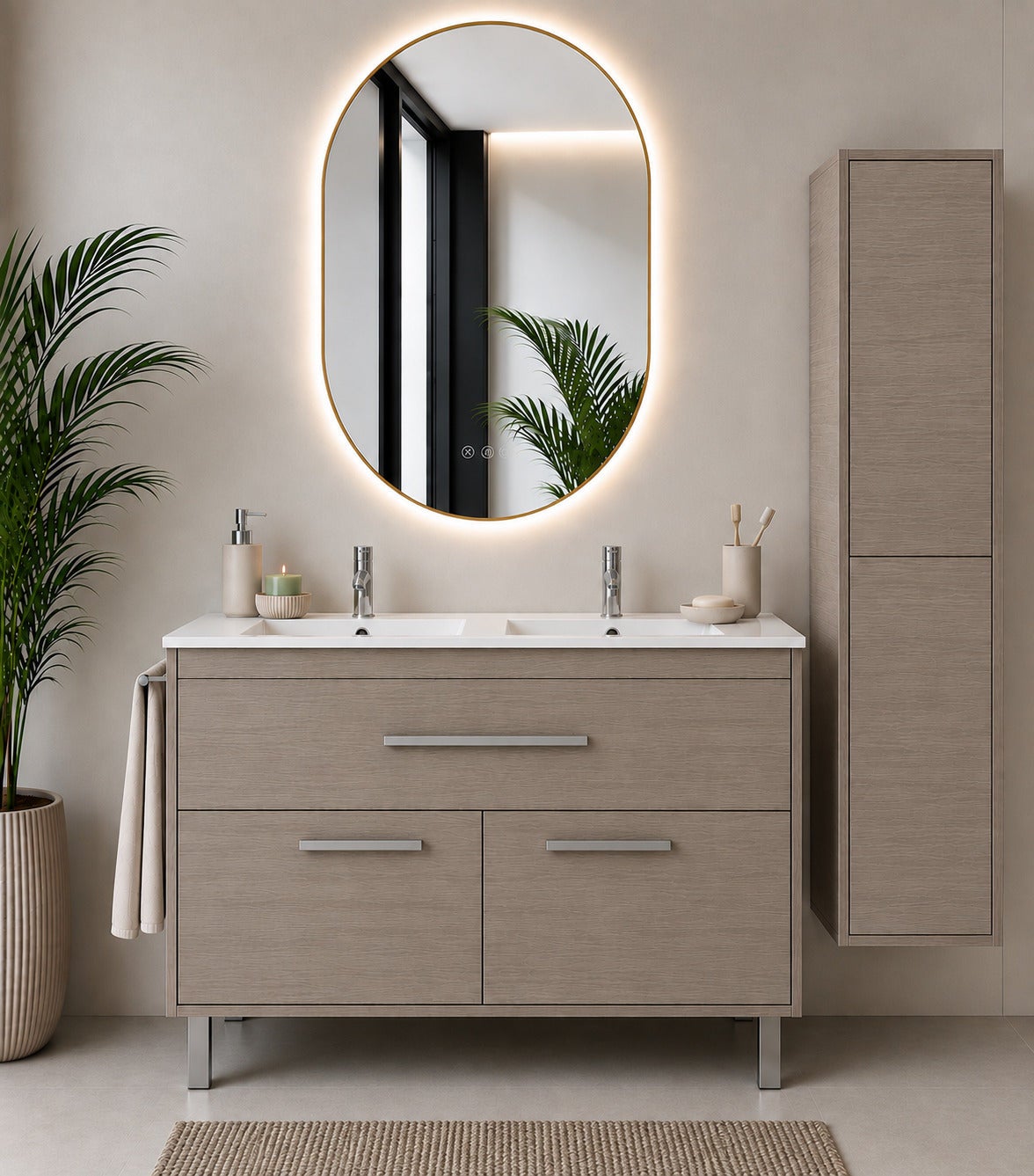 Szafka łazienkowa z umywalką ORIGENBATH BAHIA bez lustra 120x45 cm podwójna umywalka dąb smoky z kolumną