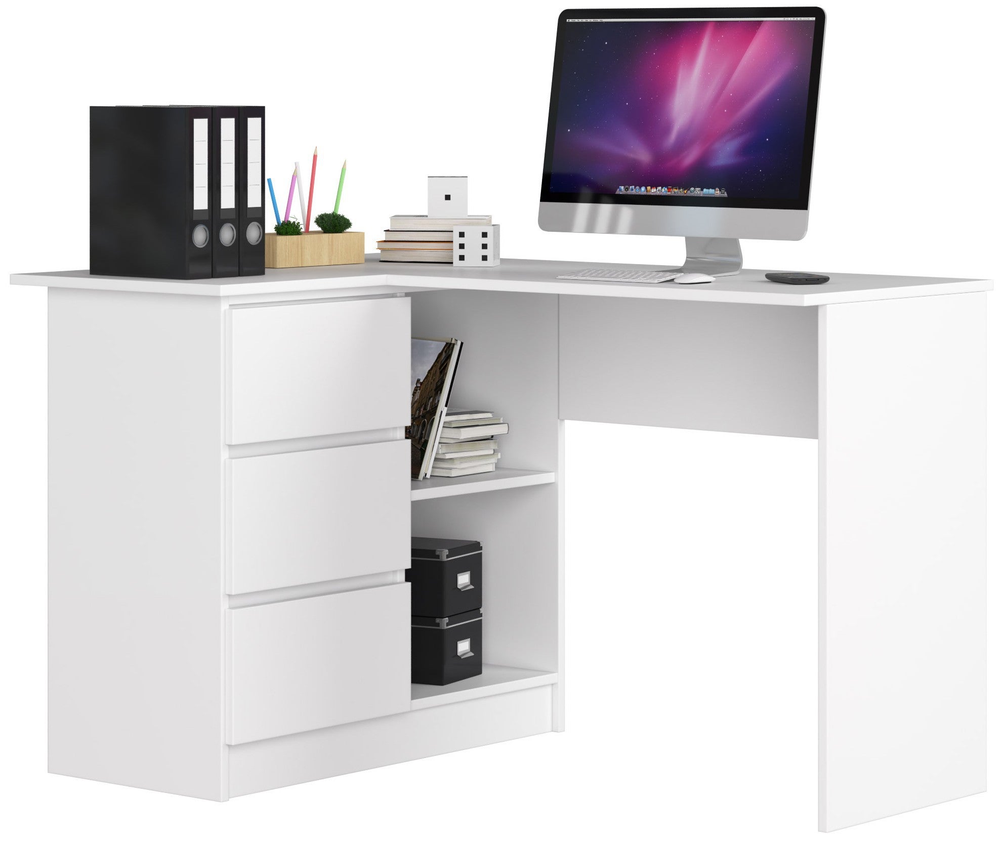 Biurko narożne AKORD B16 Białe 124 cm lewe 3 szuflady kolor Biały mat 2 półki 124x85x77 cm