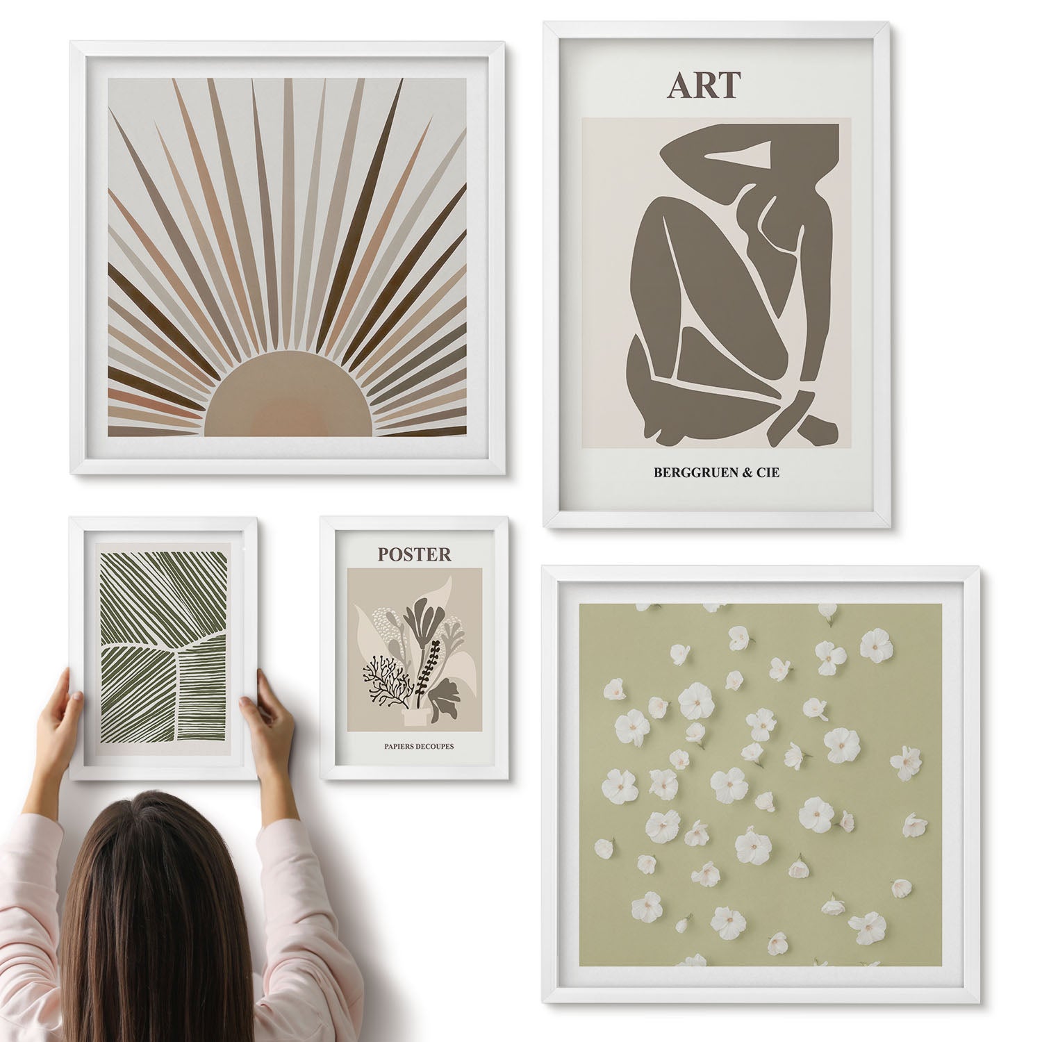 Galeria ścienna 5-częściowy komplet obrazów w białych ramach - Stylowe grafiki z roślinnymi motywami i abstrakcją - ArtPrintCave