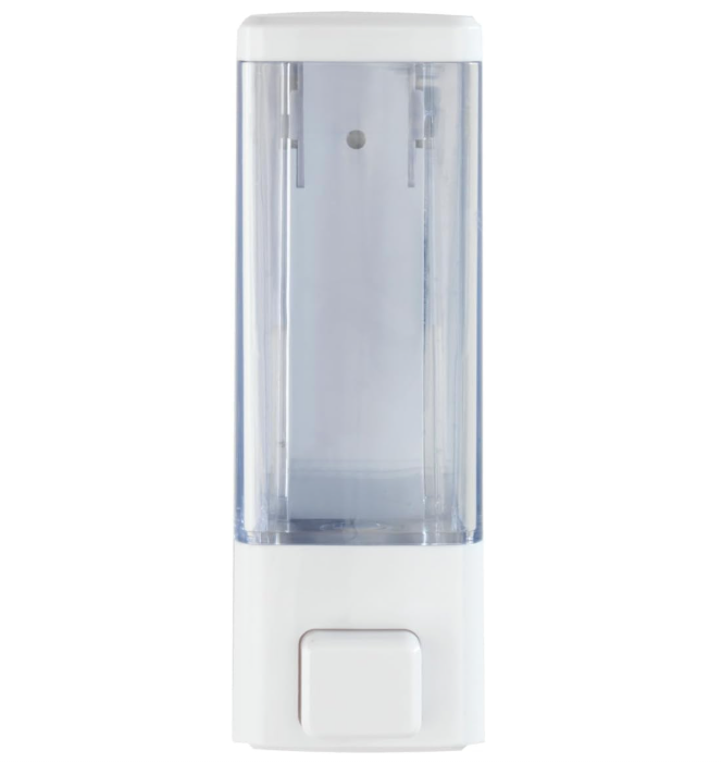 Biały dozownik do płynu do dezynfekcji rąk i mydła, mydła w płynie itp., montowany na ścianie bez wiercenia, pojemność: 350 ml, 5,8 x 18,5 x 7,5 cm,