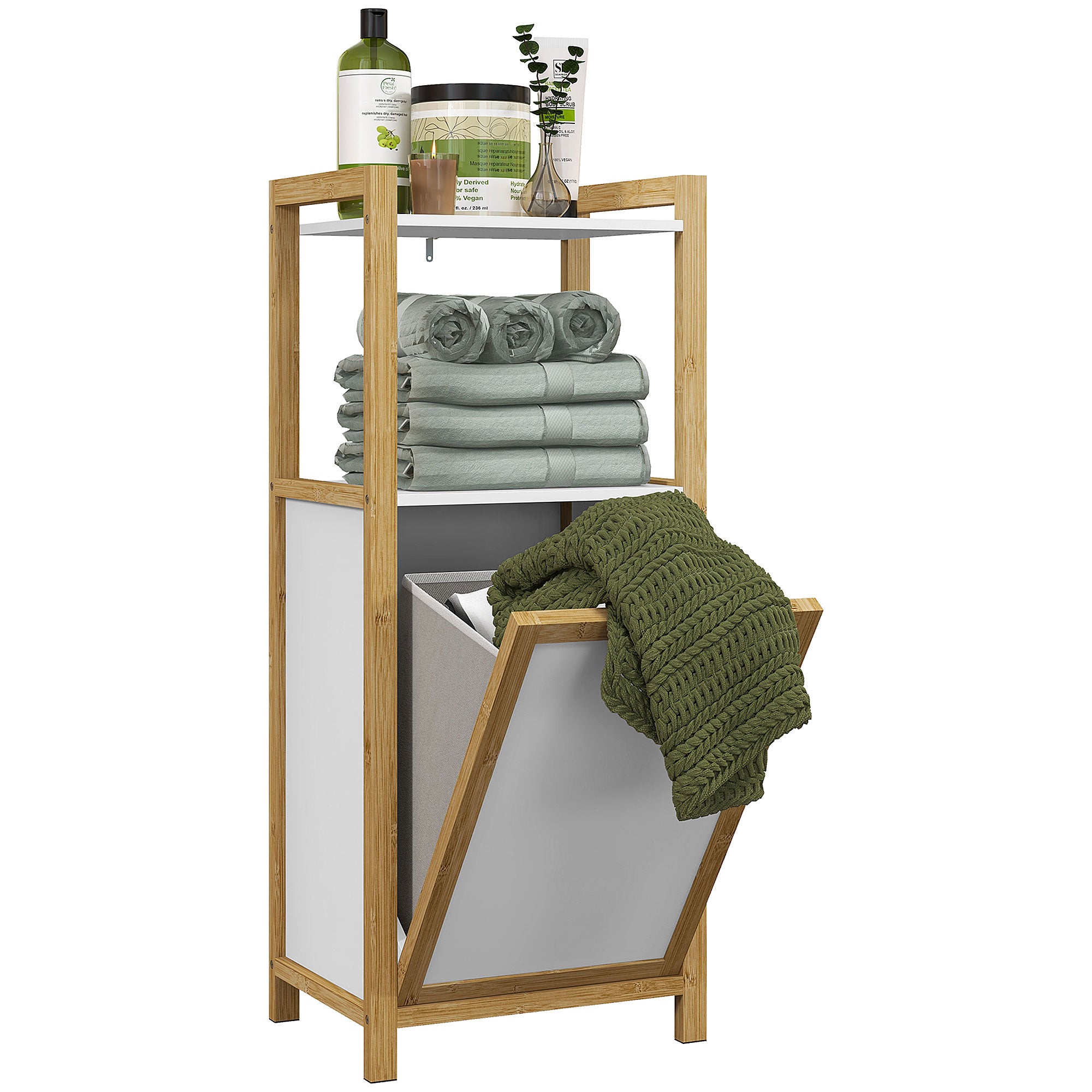 Wolnostojący bambusowy kosz na pranie do łazienki, oszczędzający miejsce – 2 półki – wymiary: 40 dł. x 30 szer. x 86,5 wys. cm