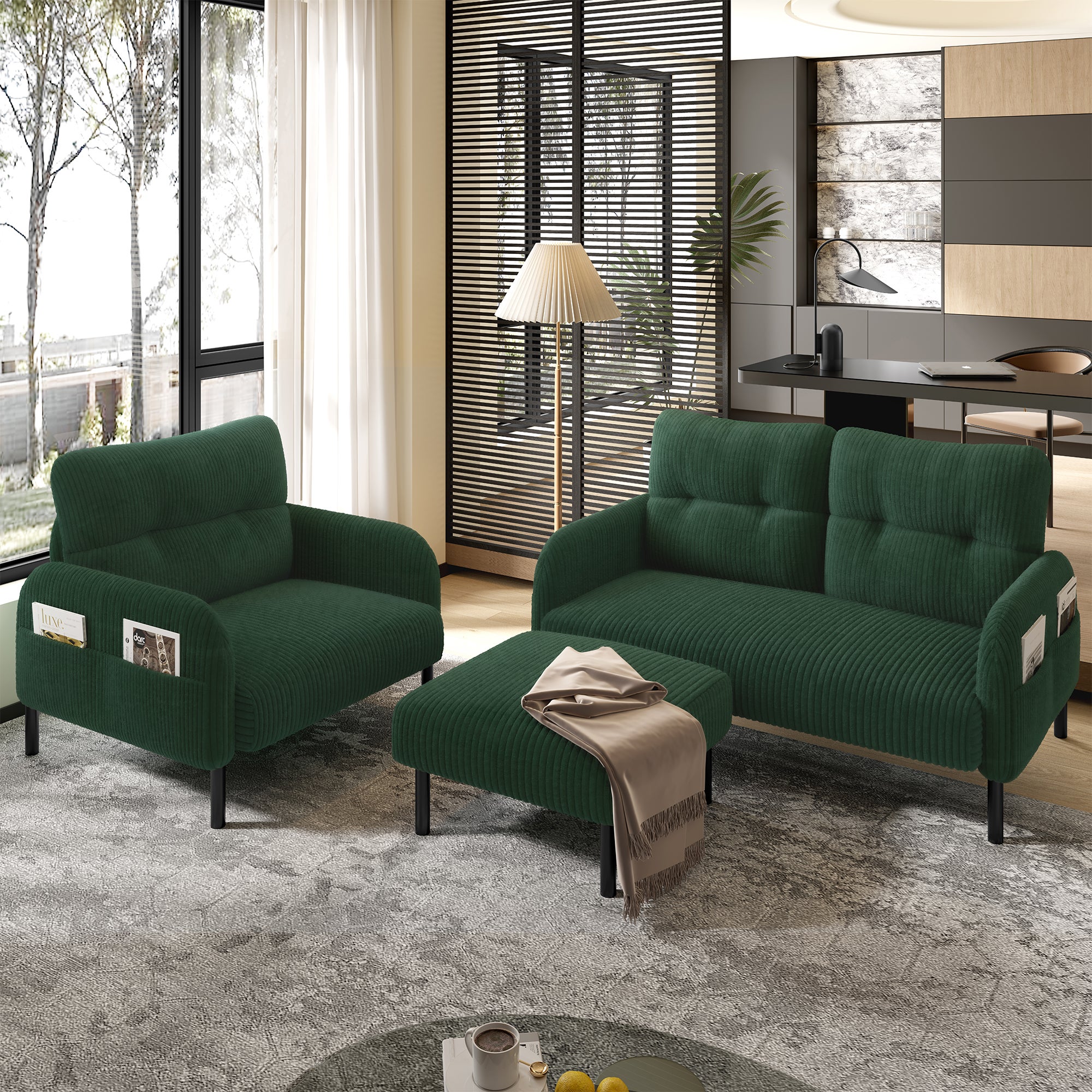 Zestaw Sofa Sztruksowa 3-Osobowa, Sofa 2-Osobowa z Fotelem i Pufą, Szmaragdowa Zieleń do Salonu