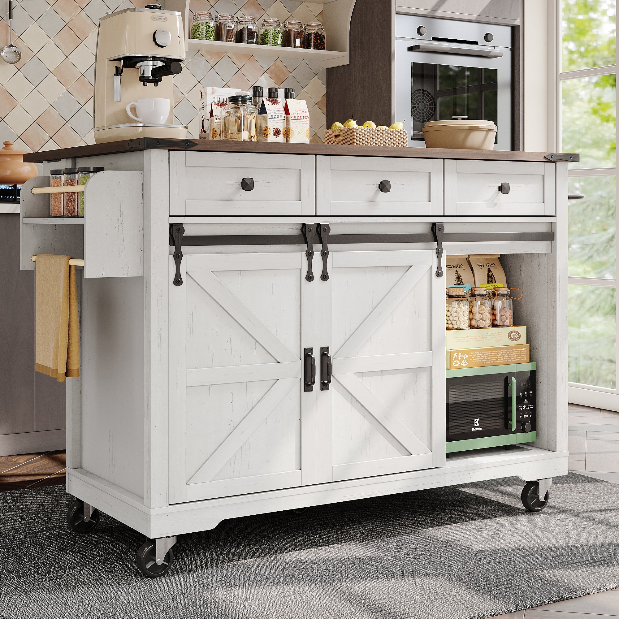 Mobilna wyspa kuchenna z 2 drzwiami przesuwnymi i 3 szufladami - wysuwany blat - 140 x 45/73 x 92,5 cm - drewno MDF + metal - biały