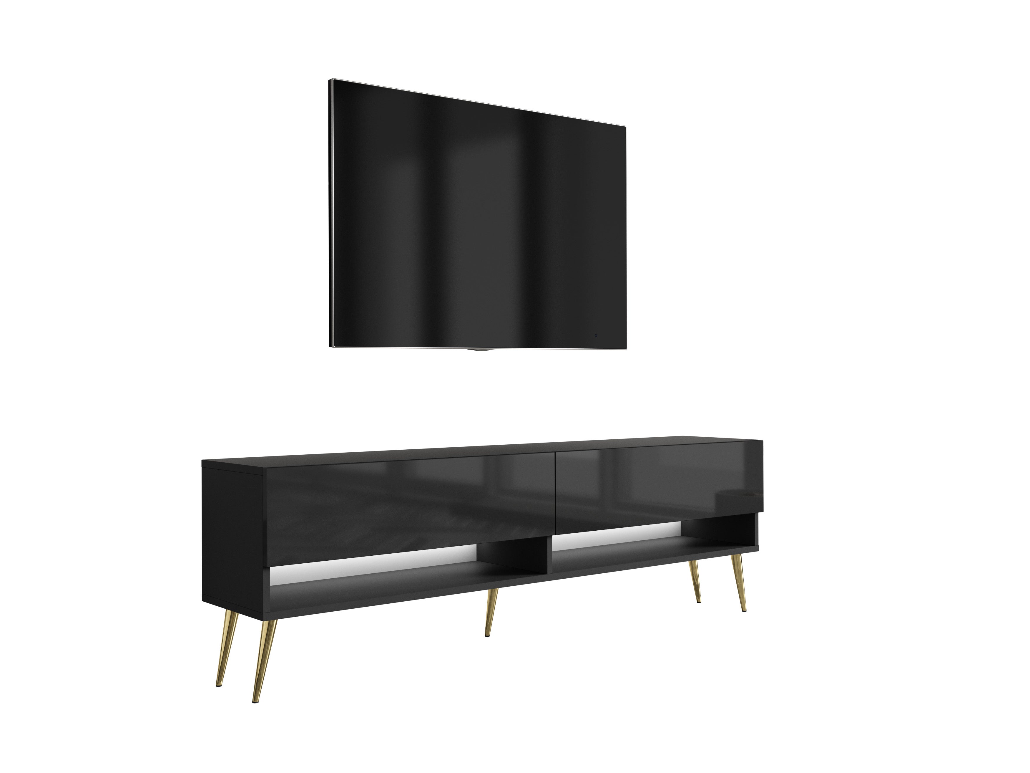Szafka pod telewizor 170 cm Czarny Mat / Czarny Połysk, nóżki pochyłe złote, LED biały, 170 × 32 × 52 cm
