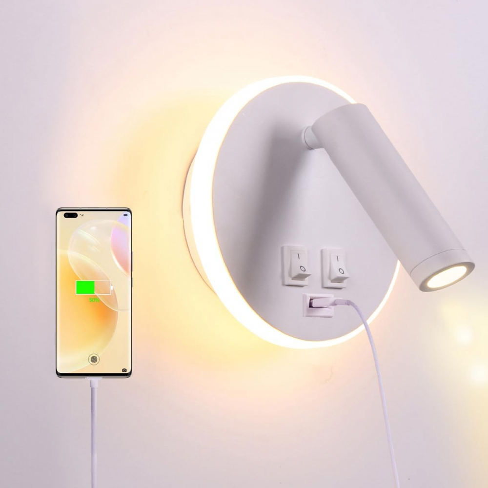 Biała lampa ścienna LED z portem ładowania USB i regulowanym oświetleniem ściennym, lampka nocna do użytku w pomieszczeniach, 3000 K, 12 W