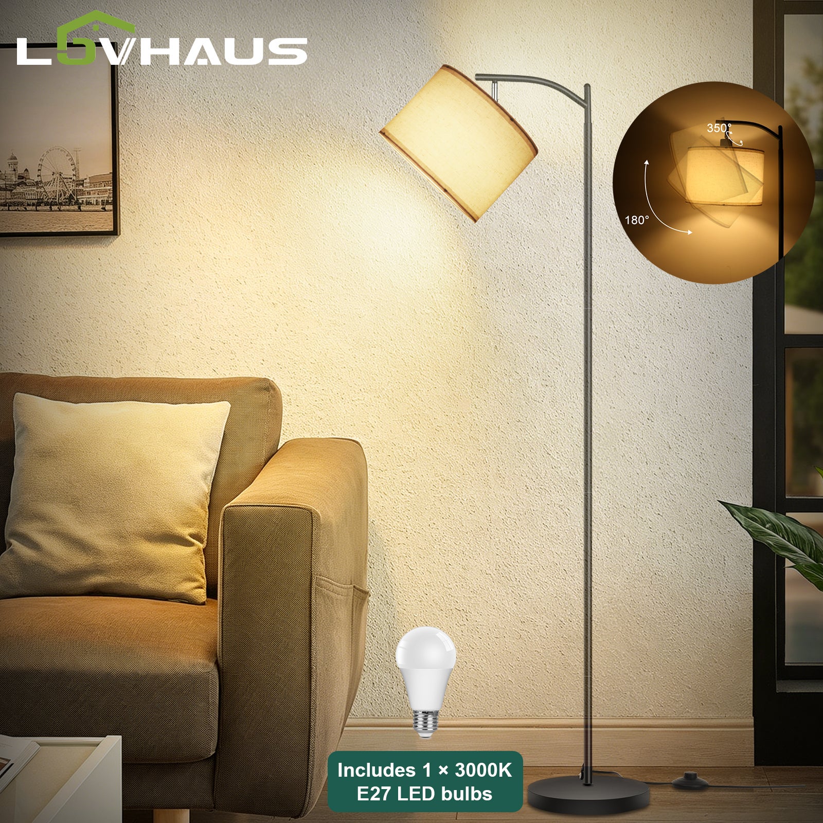 Lampa podłogowa lampa łukowa czarna salon, lampa do czytania sypialnia biuro, styl industrialny, abażur beżowy, LED E27 w zestawie, LOVHAUS