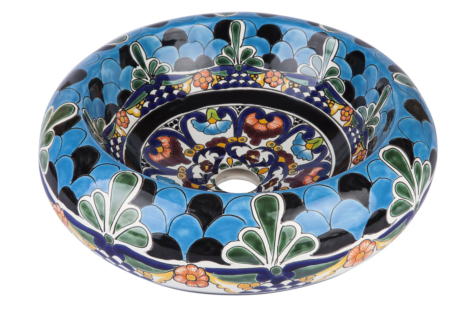 Meksykańska ceramiczna umywalka do montażu na blacie La Reina – okrągła umywalka łazienkowa 40 x 13,5 cm | Ręcznie wykonana umywalka kolorowa
