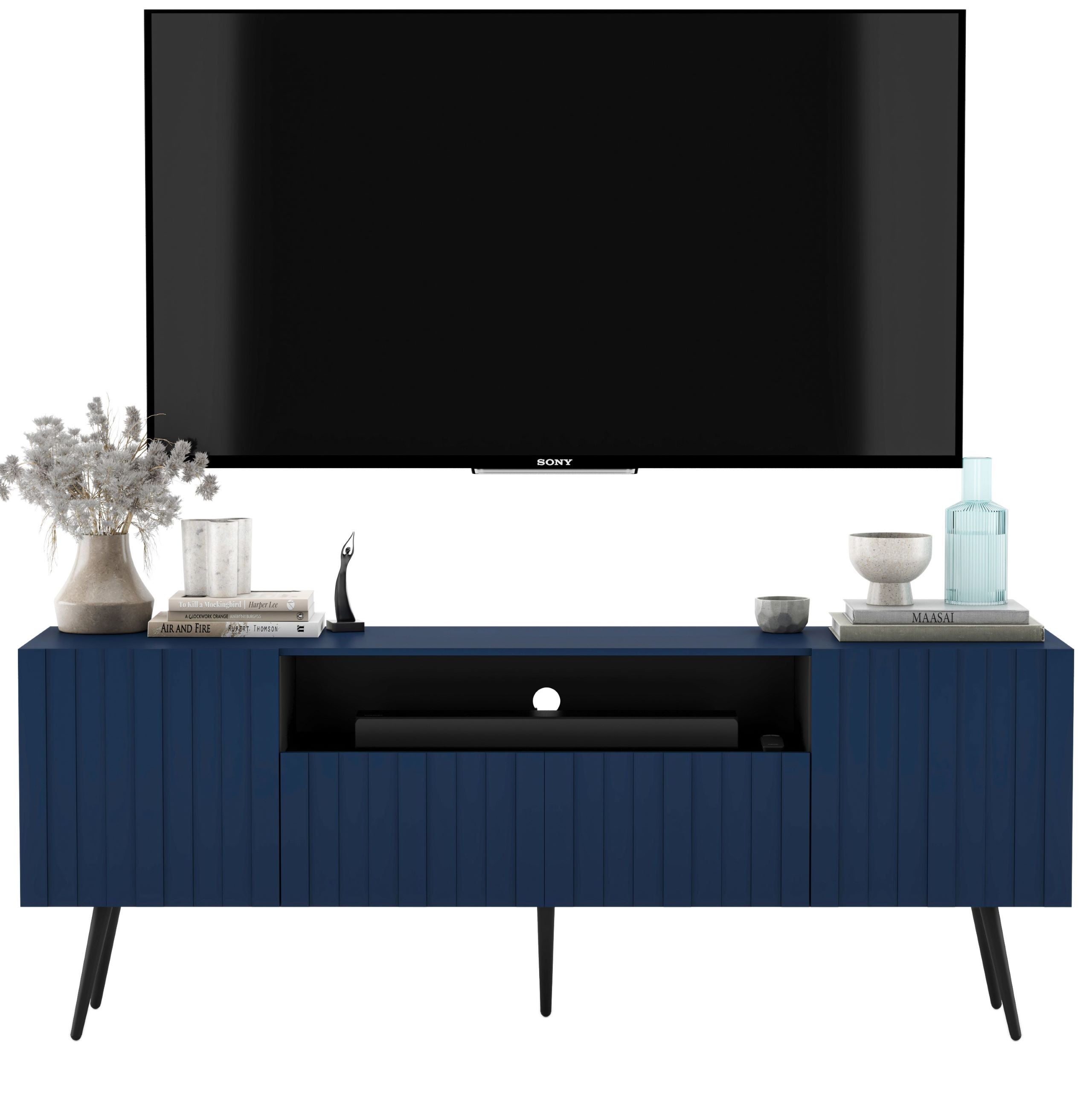 Szafka RTV Glamour granatowy mat, komoda RTV z czarnymi metalowymi nogami w stylu loft