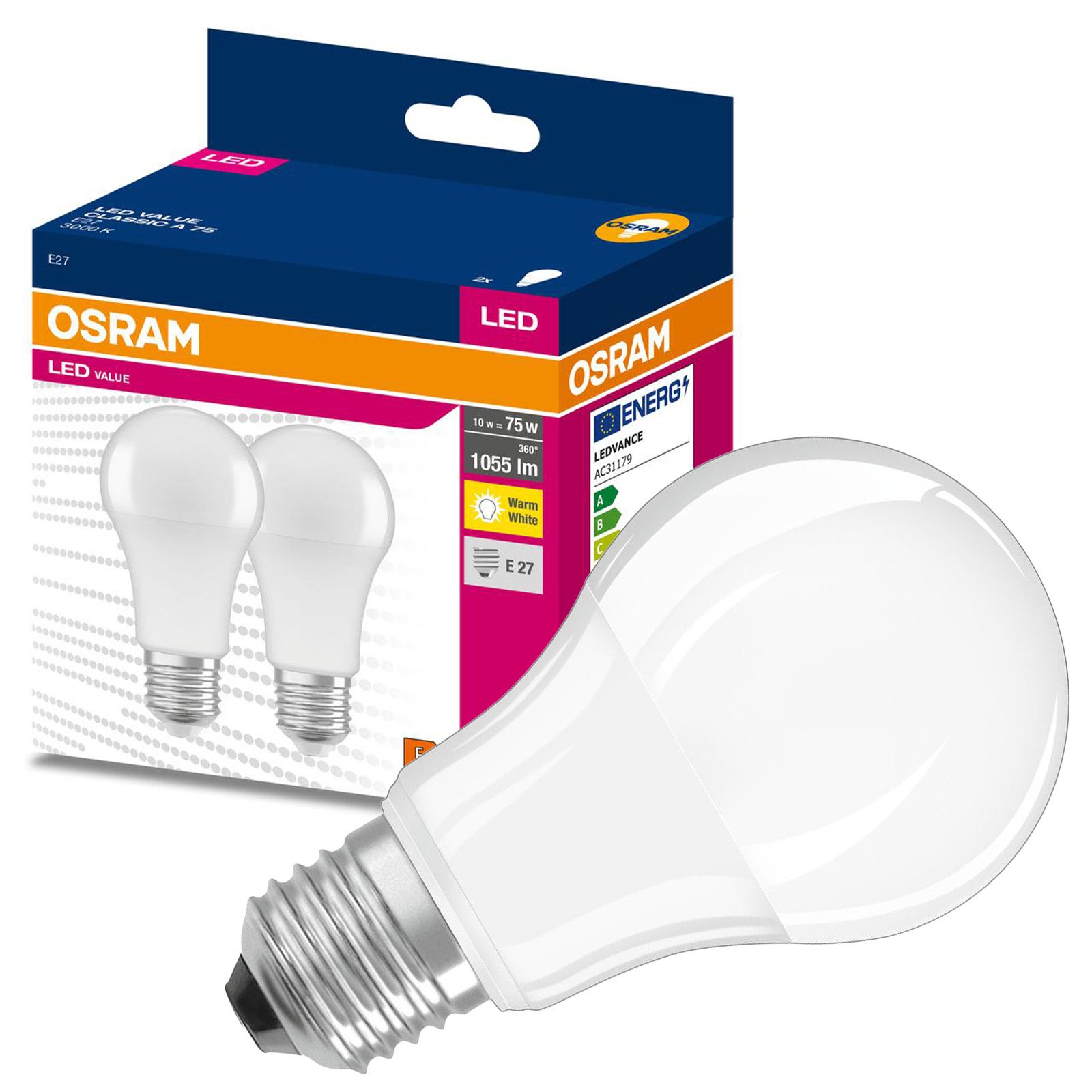 Żarówka LED A60 E27 10 W = 75 W 1055 lm 3000K Ciepła biel 200st Osram 2 szt.