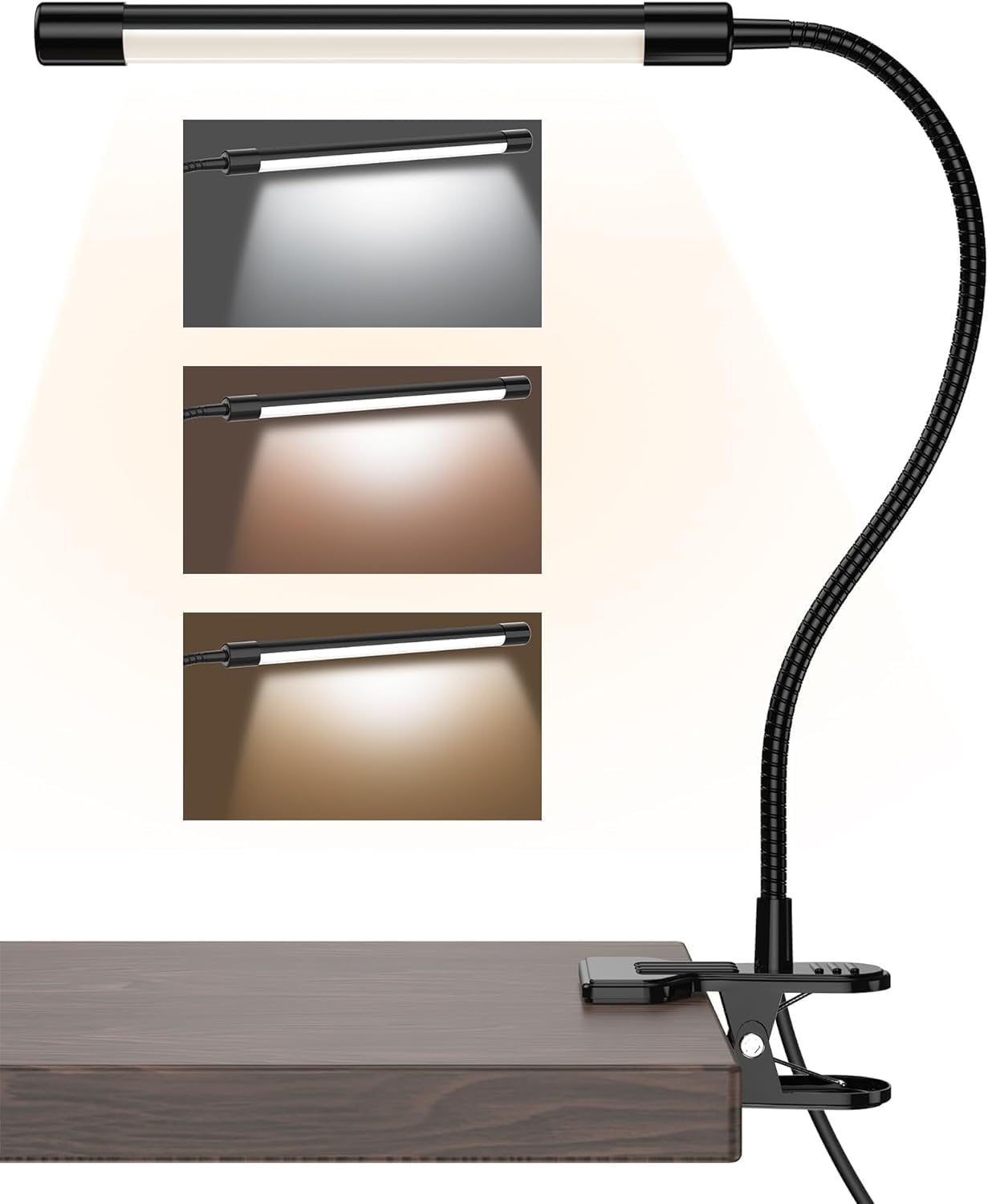 Aluminiowa lampka z klipsem, lampka LED do czytania z elastyczną szyją 360°, lampka biurkowa z 10 poziomami jasności