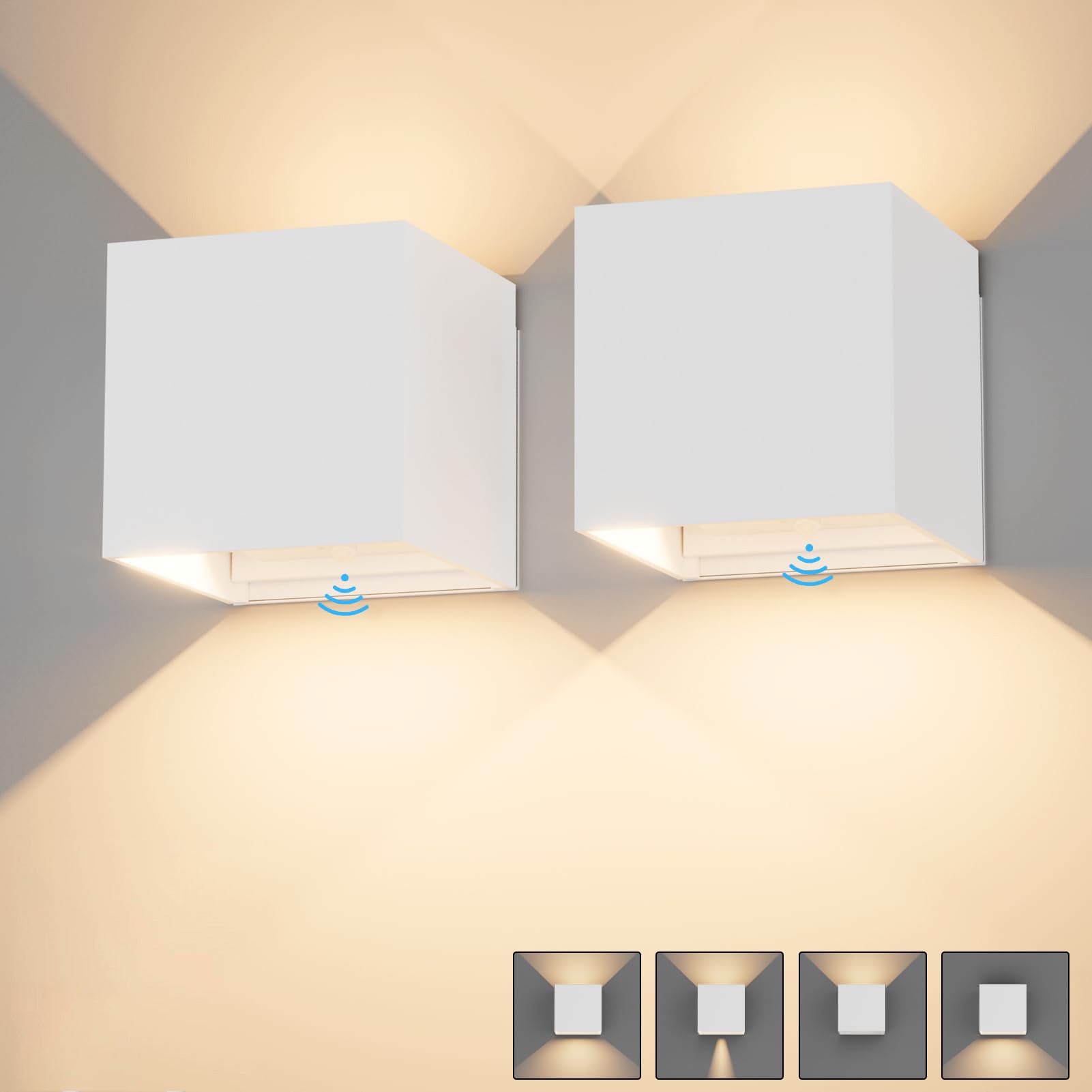Wewnętrzna/zewnętrzna lampa ścienna 12 W z czujnikiem ruchu, ciepła biel 3000 K, wodoodporność IP65, regulowany kąt świecenia, 2 szt.