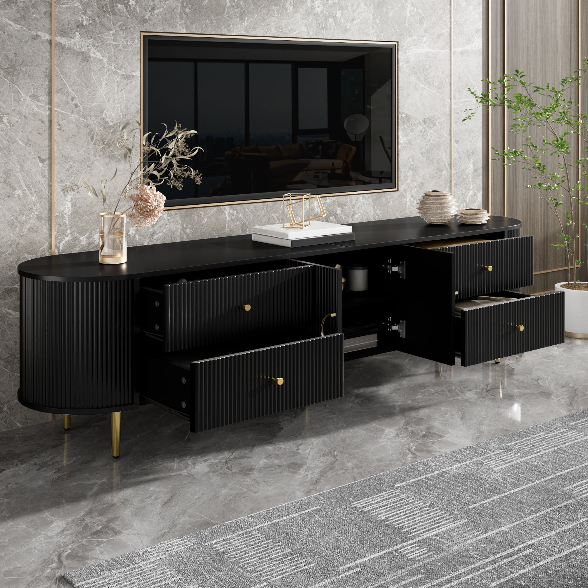 Stolik pod TV z 4 szufladami i 2 drzwiami - 180 x 40 x 38 cm - MDF - Szuflady boczne i organizer kabli - Nogi żelazne - Czarny