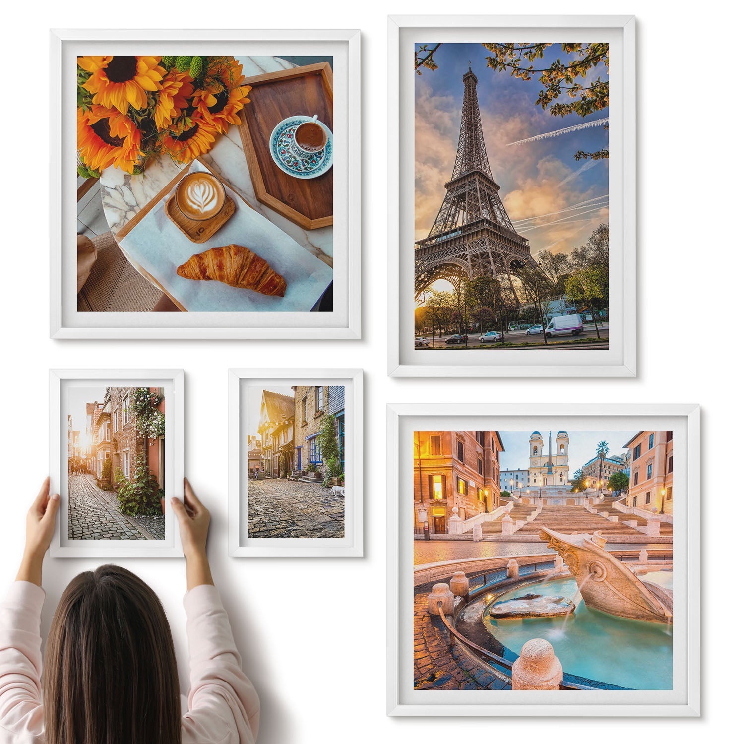 Galeria ścienna 5-częściowy komplet obrazów w białych ramach - Klimatyczne urokliwe widoki europejskich miast i kawiarni - ArtPrintCave