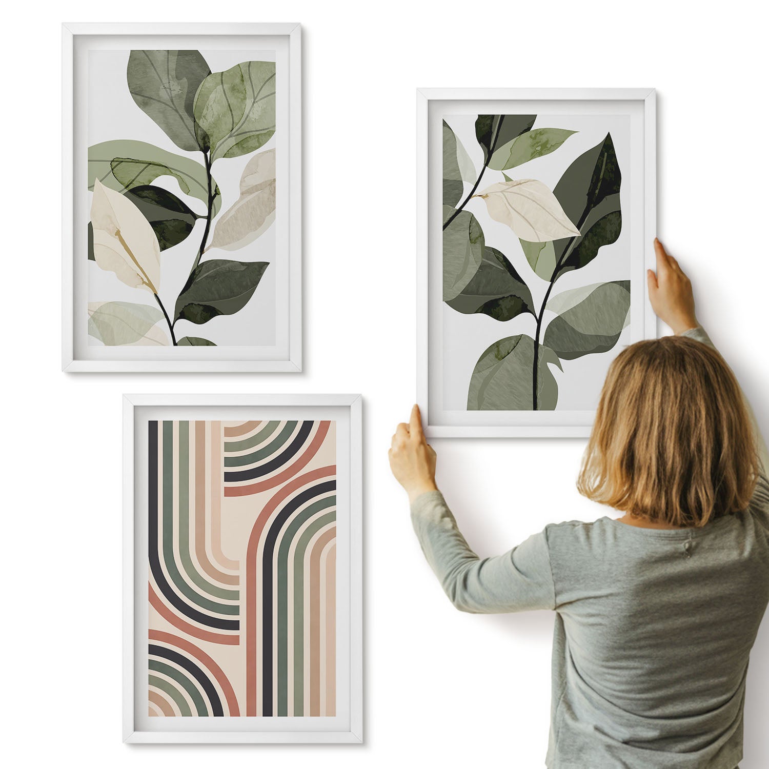 Galeria ścienna 3-częściowy komplet obrazów w białych ramach - Roślinne motywy z geometrycznymi wzorami w odcieniach zieleni - ArtPrintCave