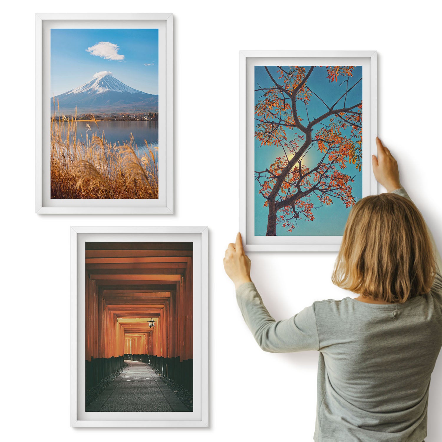 Galeria ścienna 3-częściowy komplet obrazów w białych ramach - Japońskie krajobrazy natura i architektura Azji - ArtPrintCave