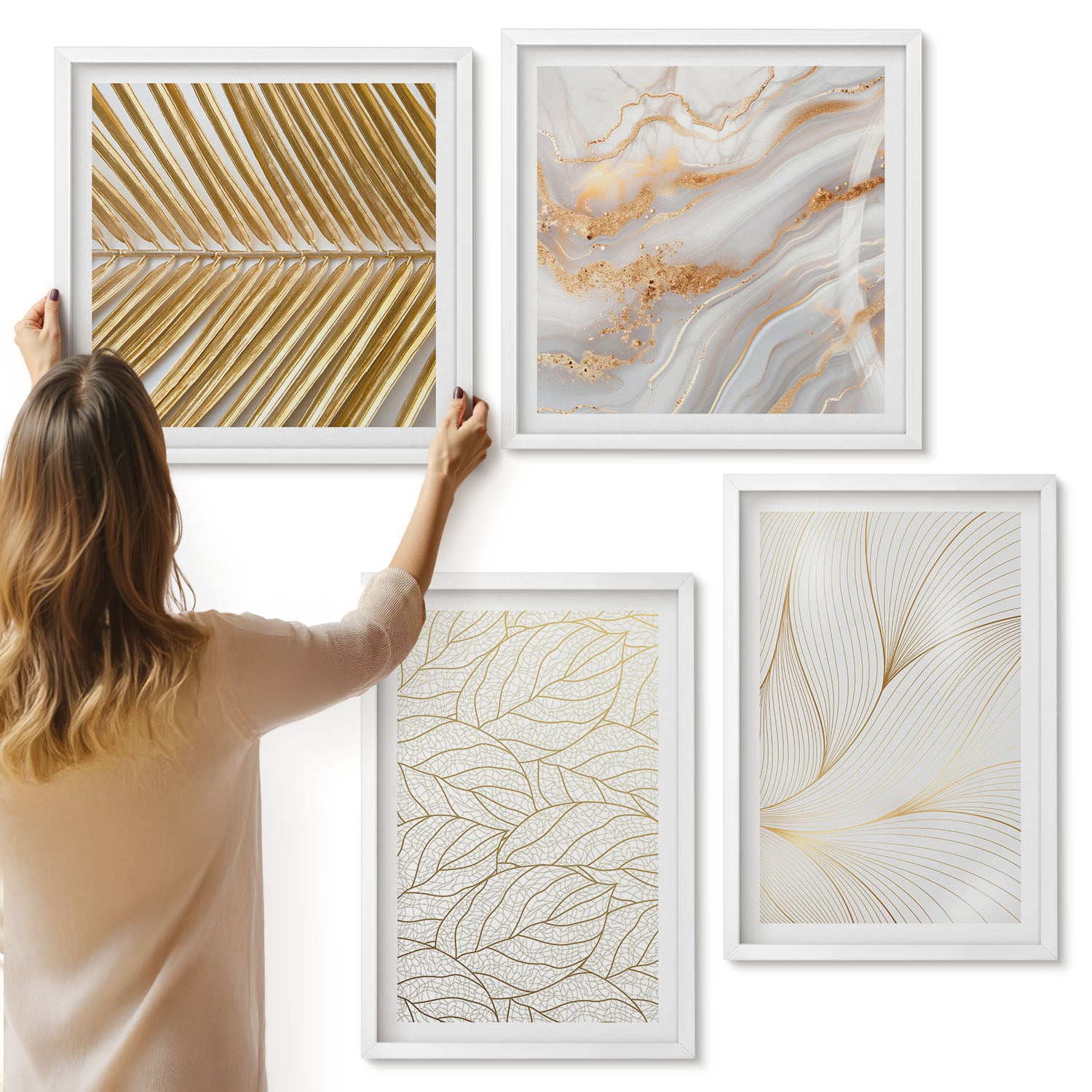 Galeria ścienna 4-częściowy komplet obrazów w białych ramach - Linearne wzory liści abstrakcyjny marmur - ArtPrintCave