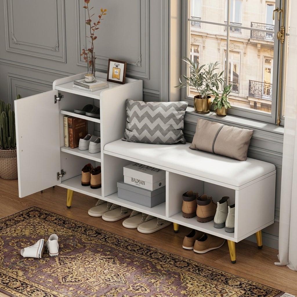 Ławka na buty z 1 drzwiami i otwartą przestrzenią do przechowywania - Płyta wiórowa i PU - 120 x 35 x 71,5 cm - Błyszczący biały