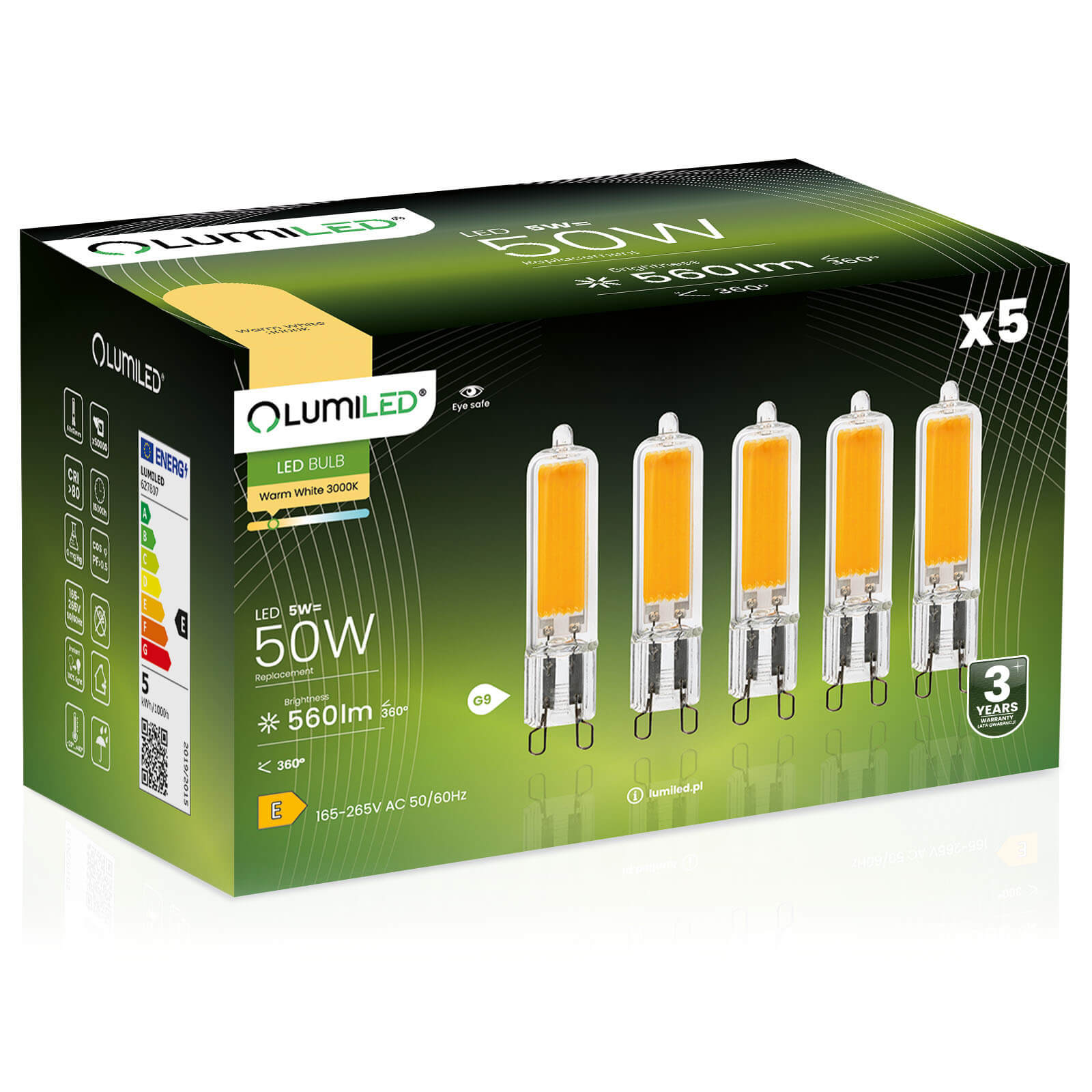 5x Żarówka Lumiled LED G9 Kapsułka 5W = 50W 560lm 3000K Ciepła 360st Filament