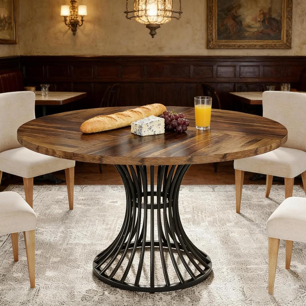 Okrągły stół jadalniany z MDF i czarnego metalu, styl rustykalny, praktyczny i elegancki stół do kuchni i jadalni, 119 × 119 × 76,5 cm