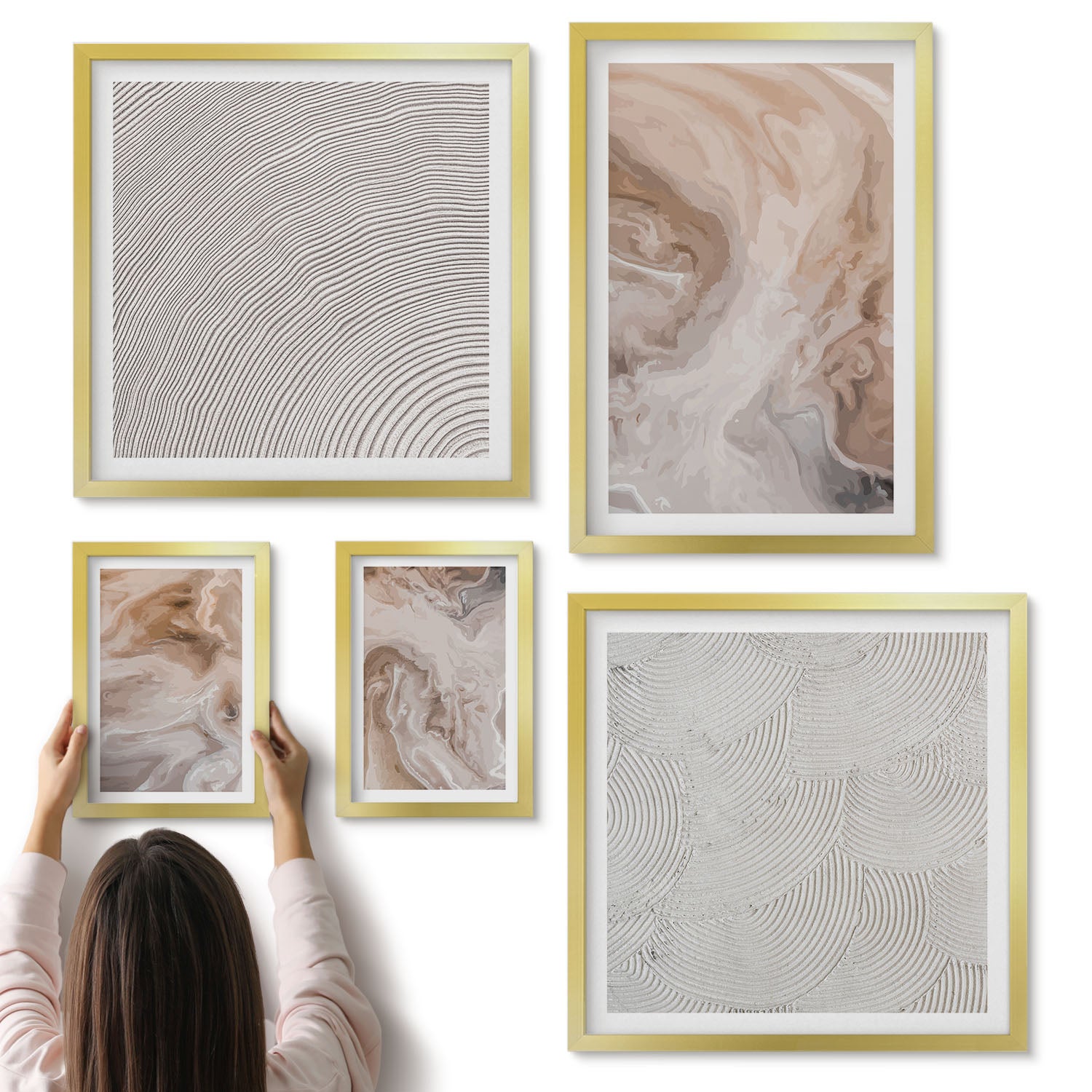 Galeria ścienna 5-częściowy komplet obrazów w złotych ramach - Marmurowe wzory abstrakcyjne tekstury kamienia - ArtPrintCave