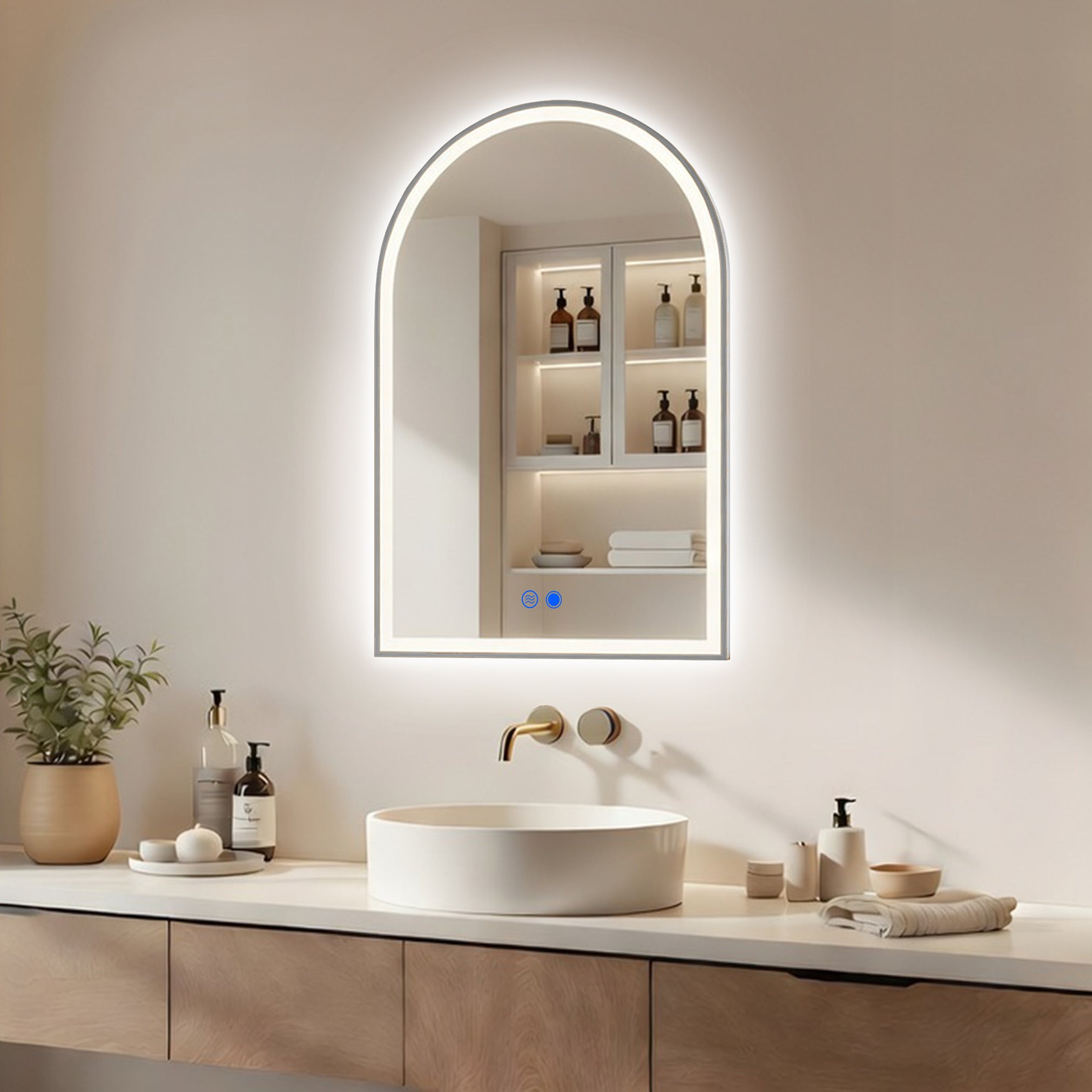 Lustro łazienkowe LED łukowe 60x90 cm ARTFORMA – podświetlane, antyzaparowe, dotykowe, Srebrny szczotkowany