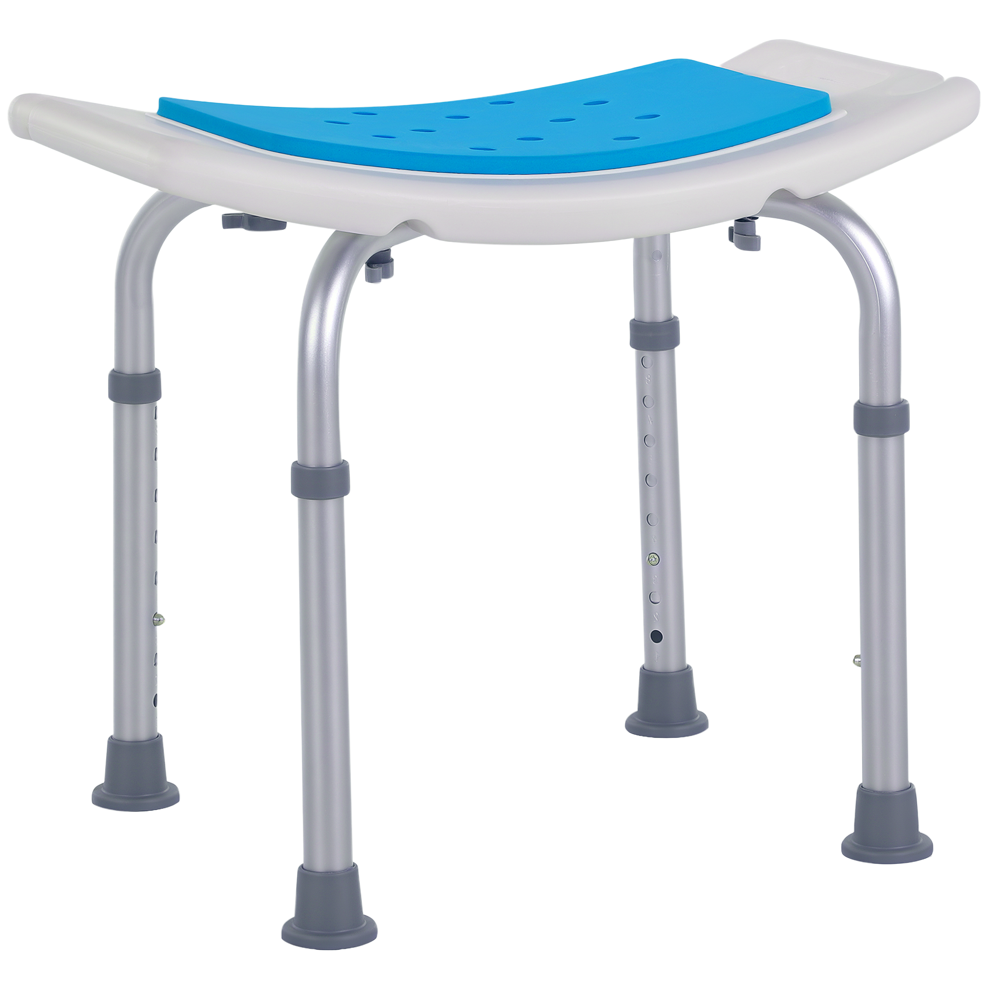 Taboret prysznicowy wykonany ze stopu aluminium i tworzywa sztucznego antypoślizgowego, regulowany na 6 poziomach (39-52 cm), kolor niebieski