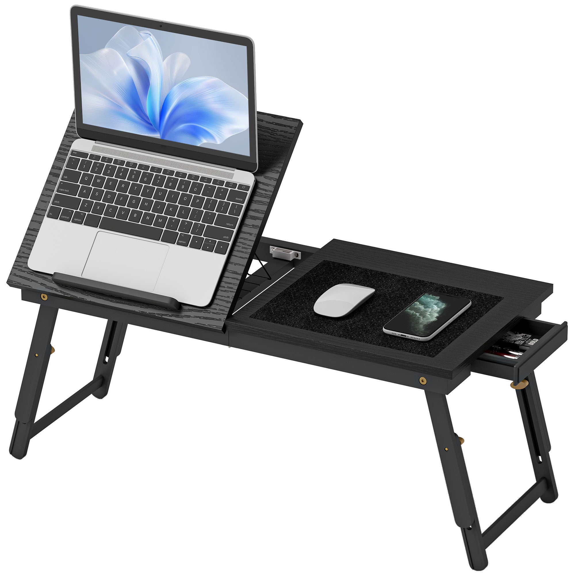 Składany i regulowany stolik do łóżka, laptop bambus łóżko taca, tiltable taca 83.5x33x34cm czarny