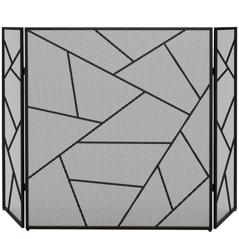 Składany kominek ze stali z 3 panelami, geometryczny wzór i antypoślizgowe nóżki, 135 dł. x 1,2 szer. x 85 wys. cm, czarny
