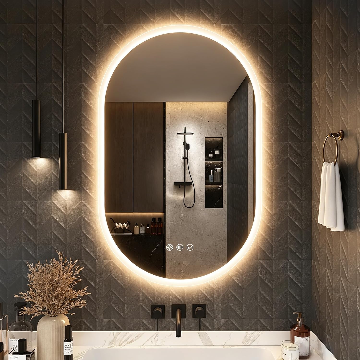 Lustro łazienkowe z oświetleniem 50x80cm, owalne lustro łazienkowe z oświetleniem i Bluetooth, przeciwmgielne, 3000K/4000K/6500K