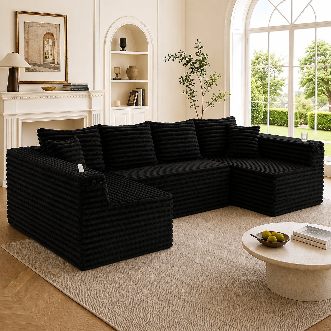 Sofa Sztruksowa Modułowa w Kształcie U z Uchwytami na Kubki, Ergonomiczna do Salonu