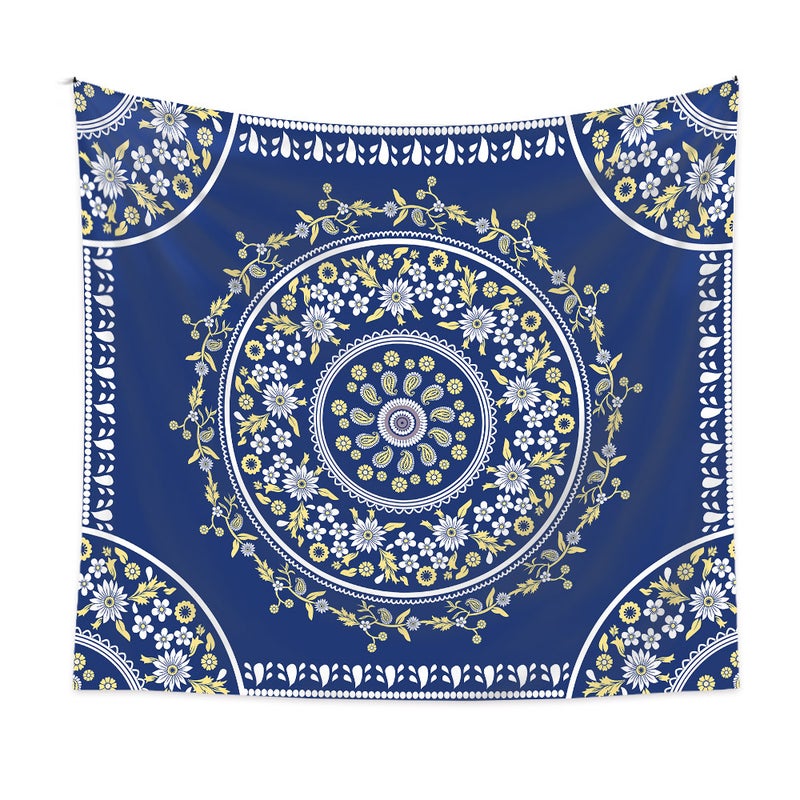 Gobelin w stylu bohemy 150*200cm - Niebieski Floral, Gobelin Dekoracyjny, Gobelin w stylu Mandala, Tło sceniczne