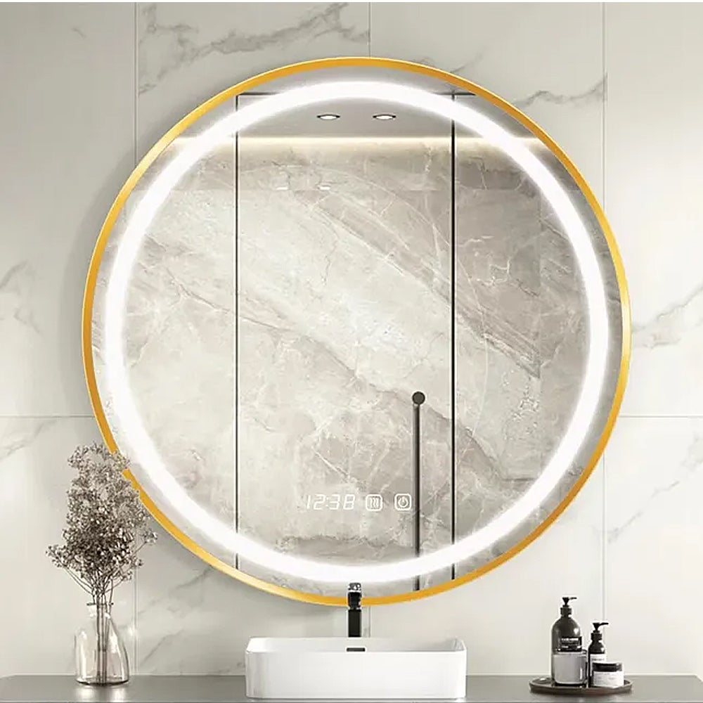 Lustro łazienkowe LED z oświetleniem, 60 x 60 cm, okrągłe, złote, oświetlenie nastrojowe LED, montowane na ścianie, lustro łazienkowe antyparowe