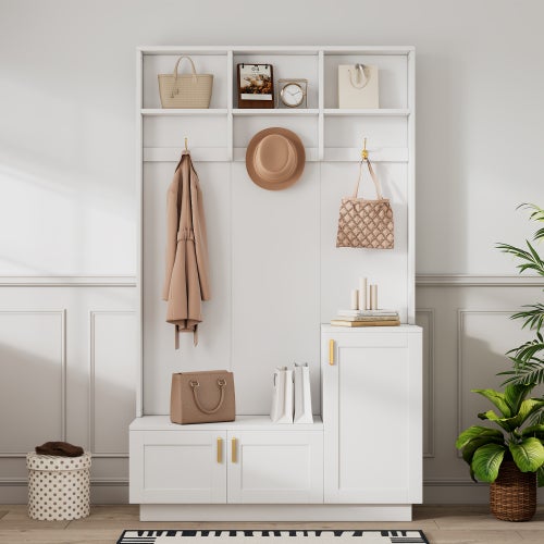Garderobe entrée banc rangement chaussures meuble multifonction avec 3 crochets, étagères réglables, bois blanc métal H200 L120 P40 cm
