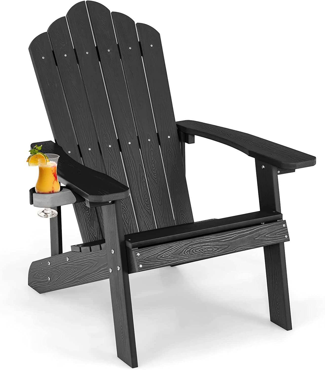 Fotel Ogrodowy Adirondack z Litego Drewna HIPS, Wodoodporny z Uchwytem na Kubek, Obciążenie 170KG, Czarny