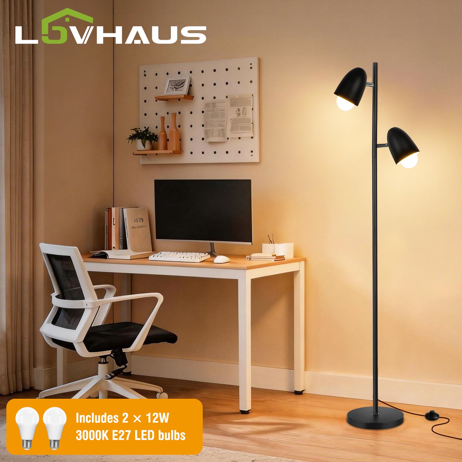 Lampa podłogowa LED 163 cm czarna, 2 głowice 350°, industrialna, E27 max 60W, lampka czytania salon sypialnia biuro, LOVHAUS