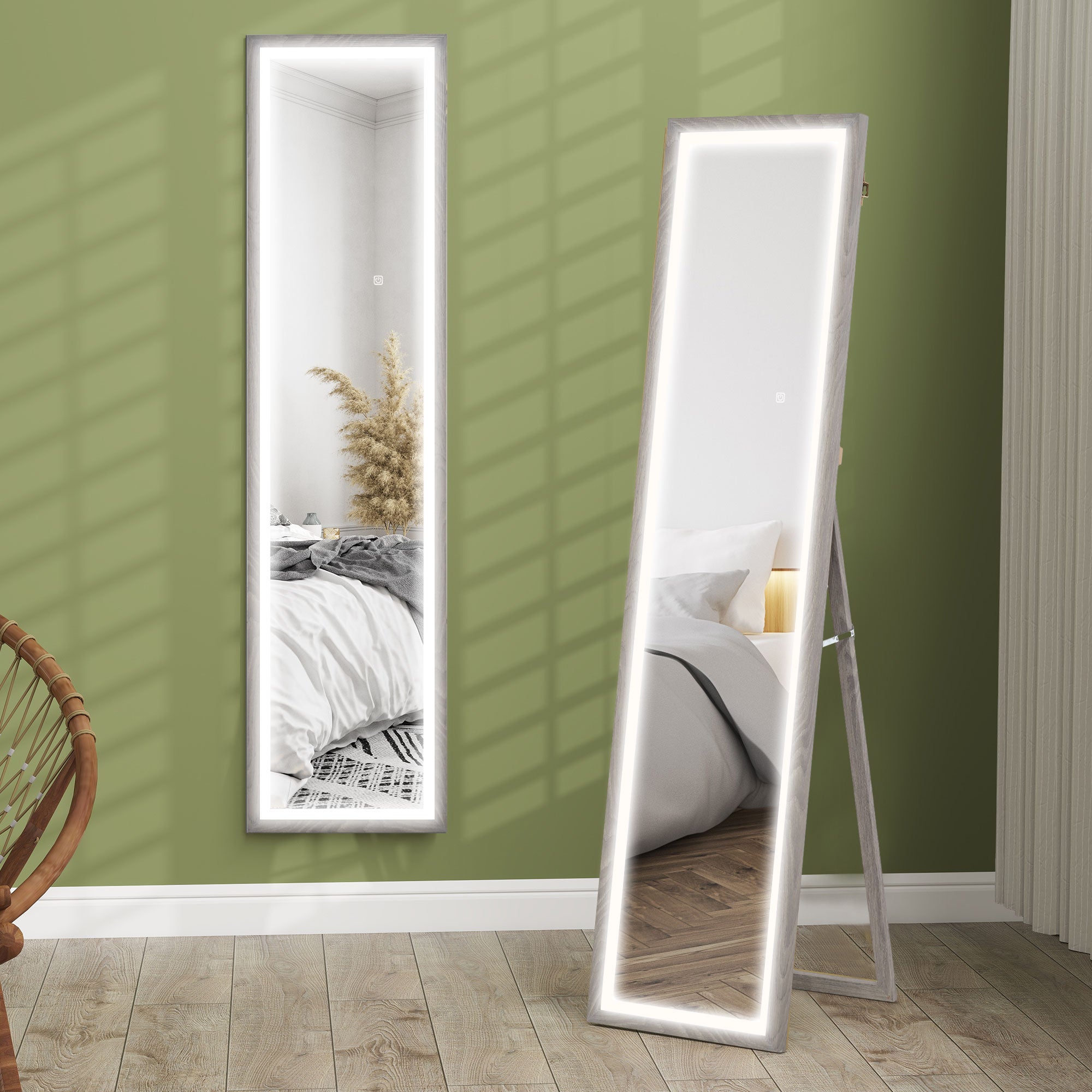 Duże, prostokątne lustro ścienne lub wolnostojące, 40 x 160 cm z oświetleniem LED w 3 kolorach, szare