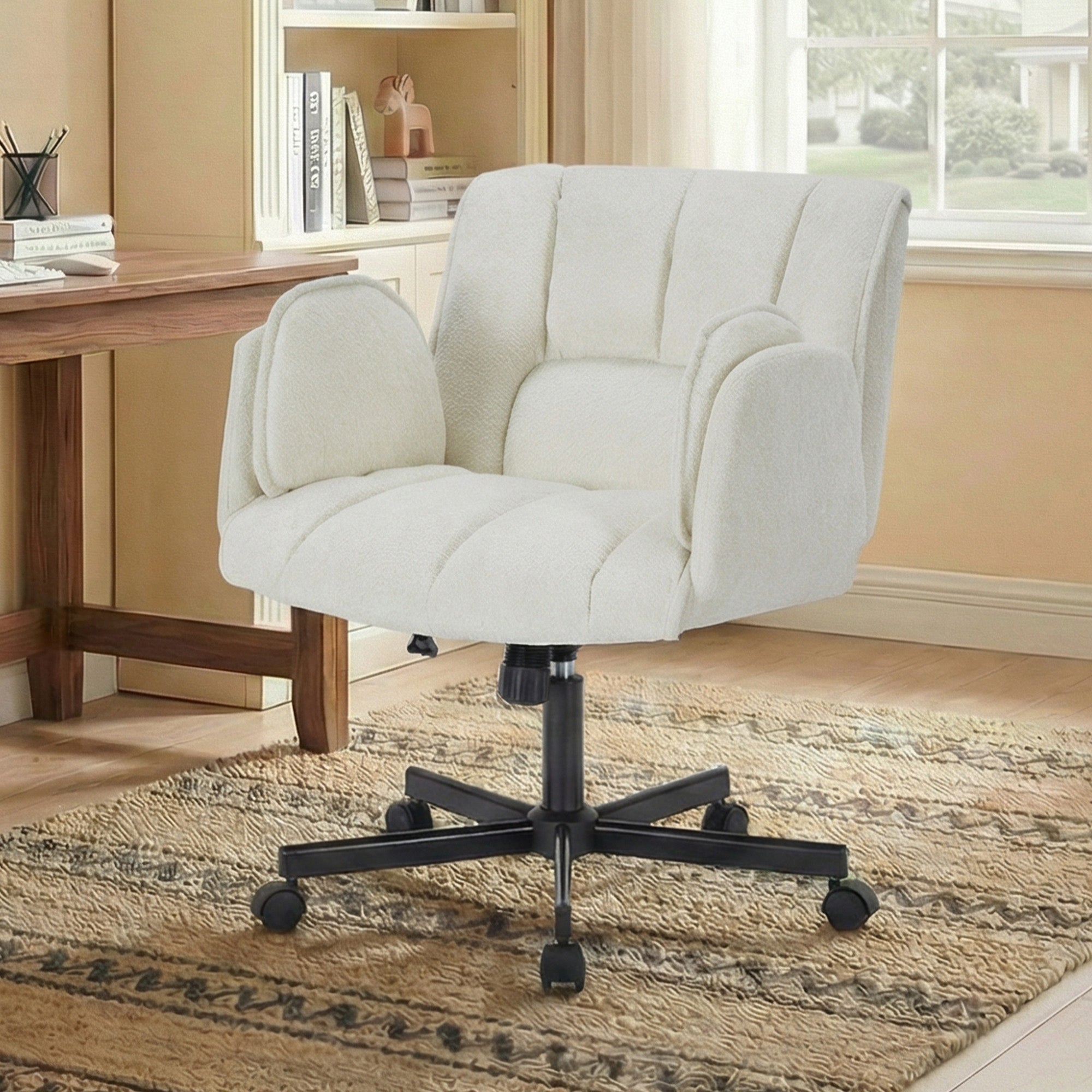 Ergonomiczne krzesło biurowe obrotowe 60 x 68 x 86 cm, z obrotem 360°, beżowy, drewno, stal oraz tkanina