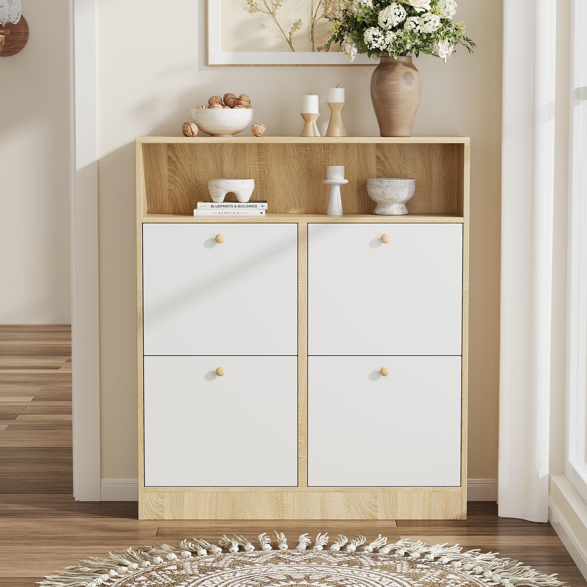 Szafka na buty 90x24x104,5cm - z 4 drzwiami uchylnymi - z otwartymi półkami - Biały + Naturalny