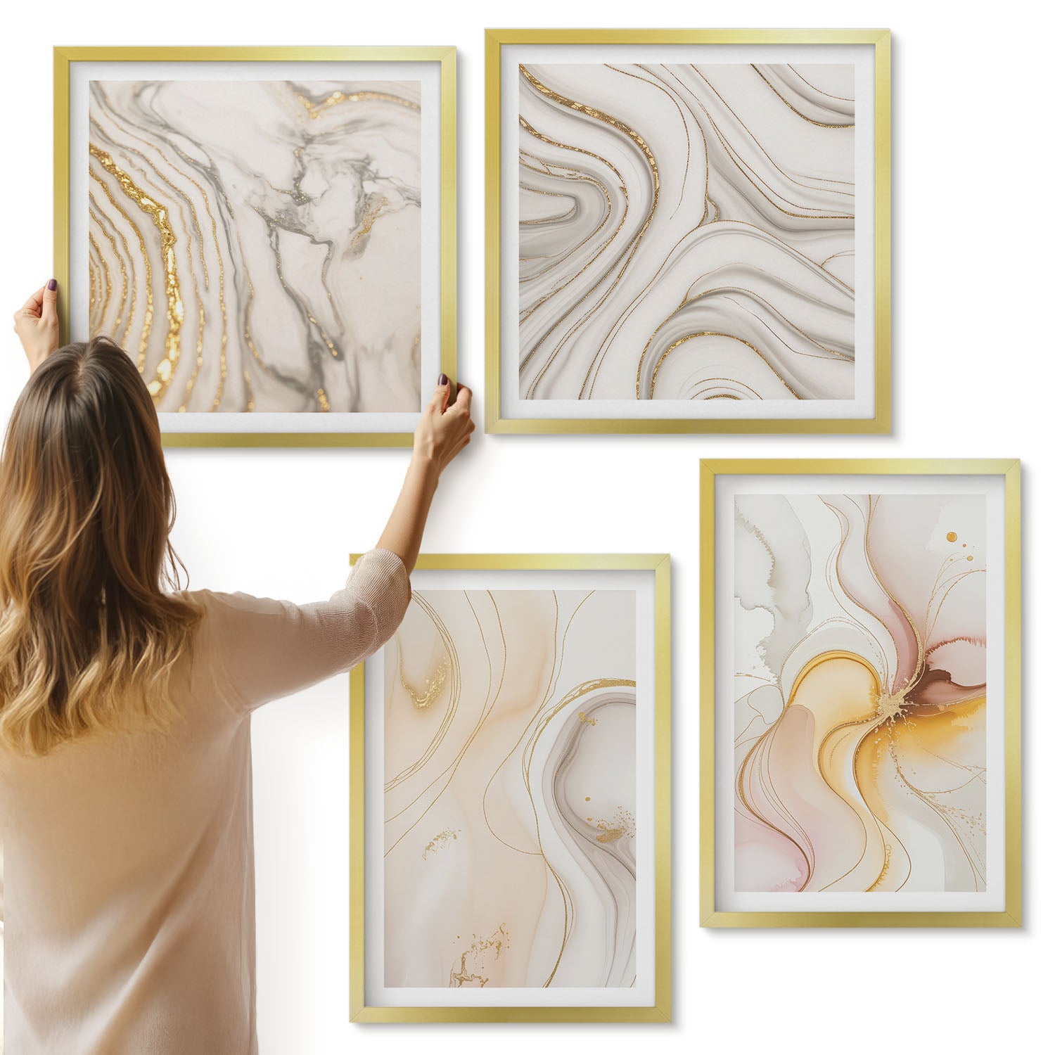 Galeria ścienna 4-częściowy komplet obrazów w złotych ramach - Abstrakcyjne ciepłe wzory eleganckie motywy - ArtPrintCave