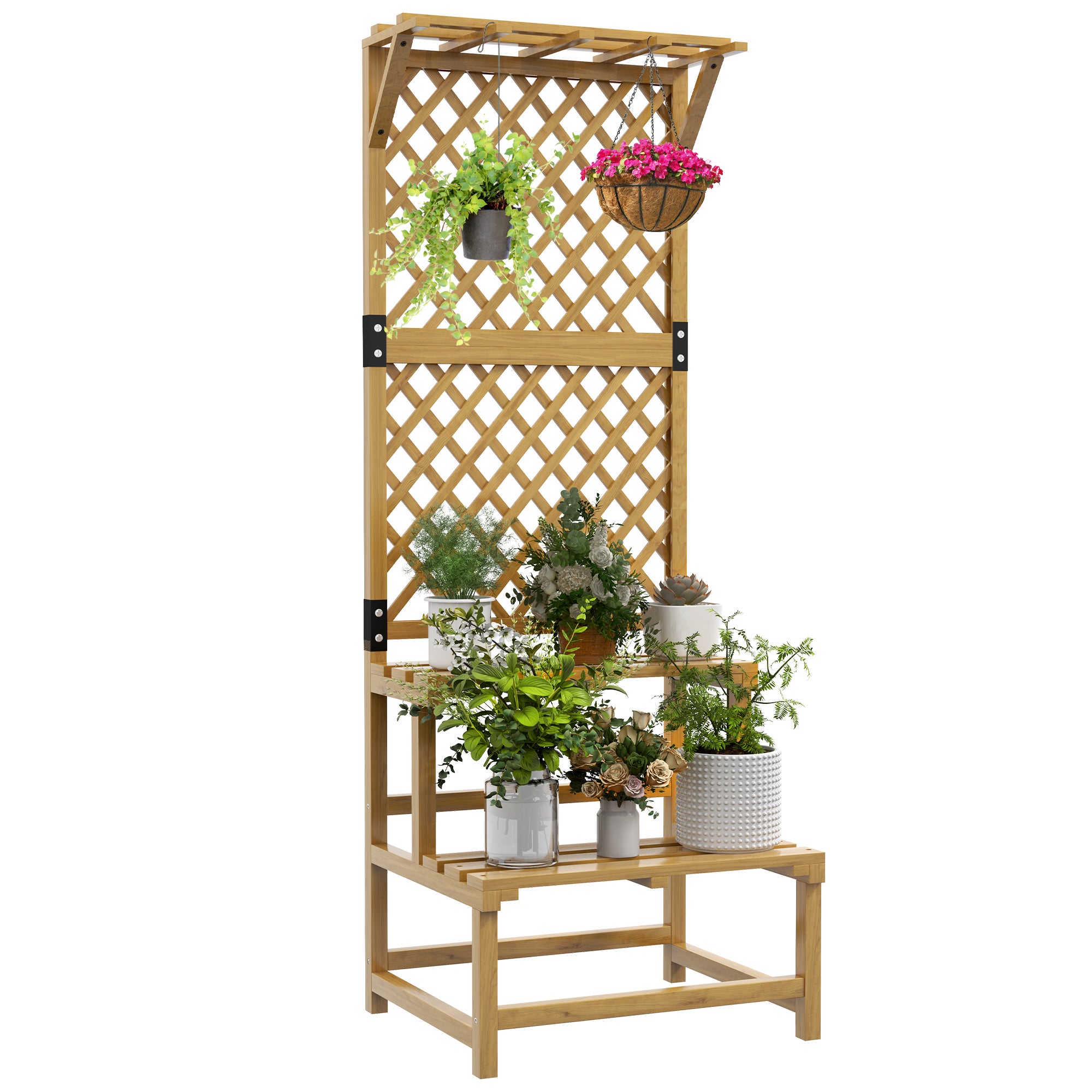 Tiered Podwyższona grządka ogrodowa z Roof i Listwowy Półki, 2 - Tier Grid, Spruce Drewno, 60x50x166 cm