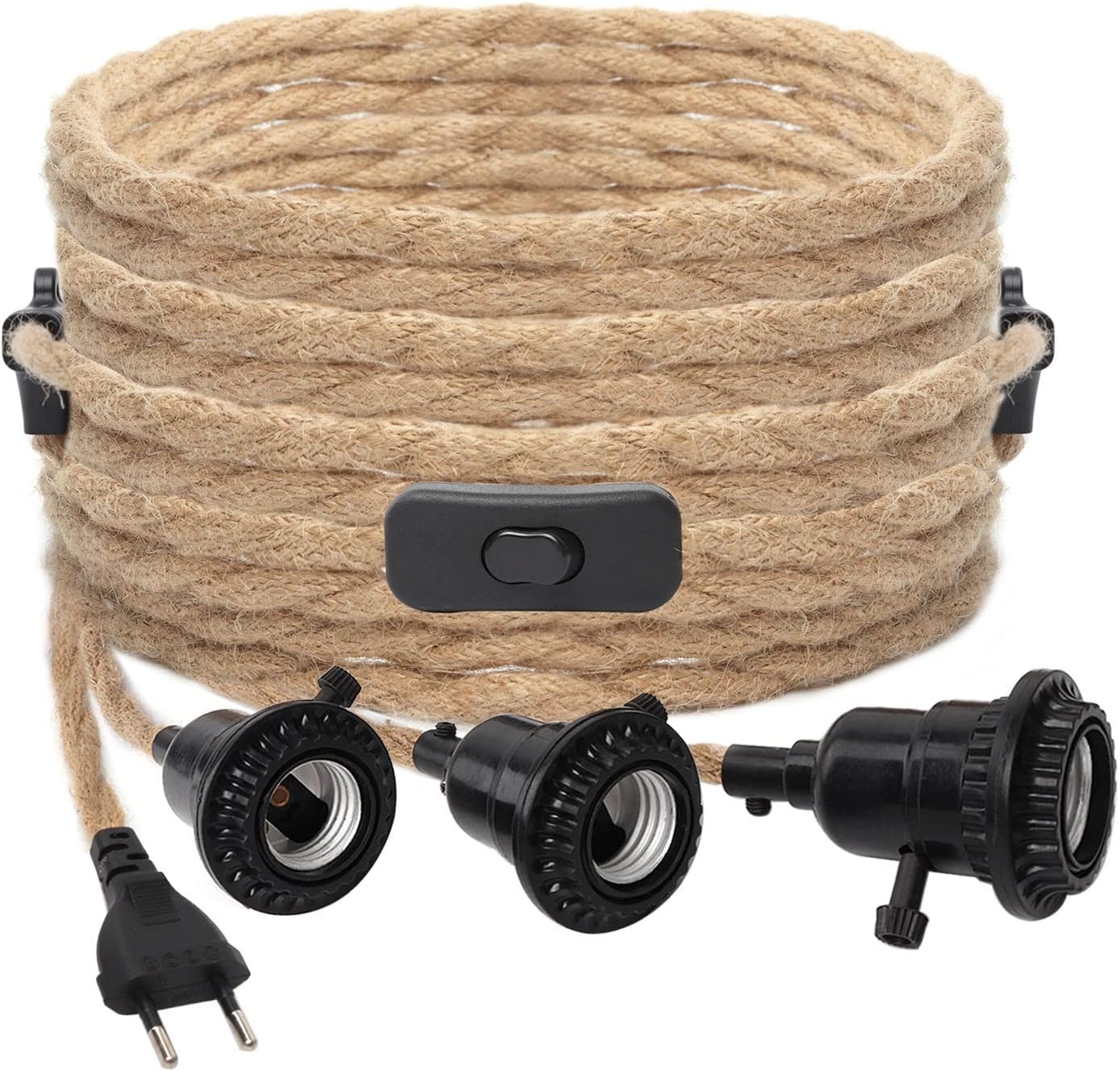 4,5-metrowy kabel lniany z gniazdem E27 i przełącznikiem do lamp DIY (bez żarówki) 3 sztuki