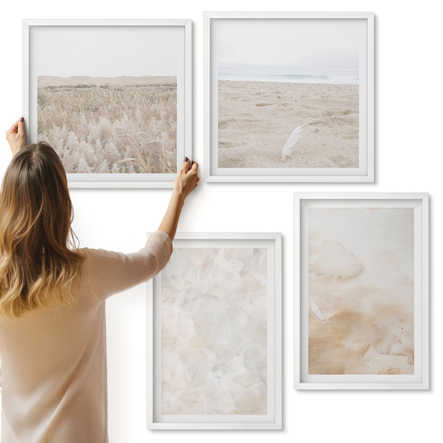 Galeria ścienna 4-częściowy komplet obrazów w białych ramach - Modne tekstury w pastelowych jasnych barwach - ArtPrintCave